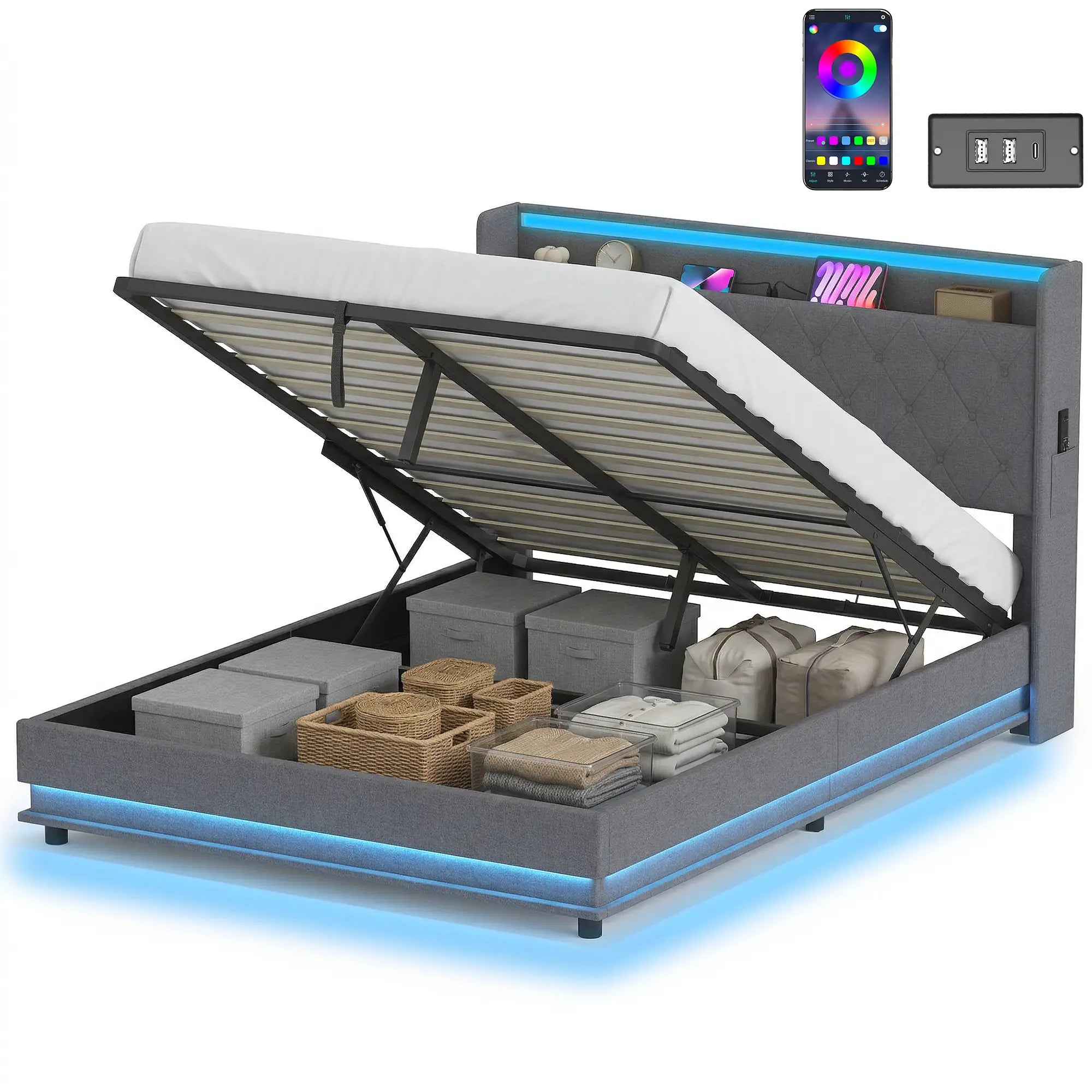 5ft King Bed Frame with Headboard, Platform Bed Frame with Hydraulic Storage, LED Lights and Charging Station, Grey