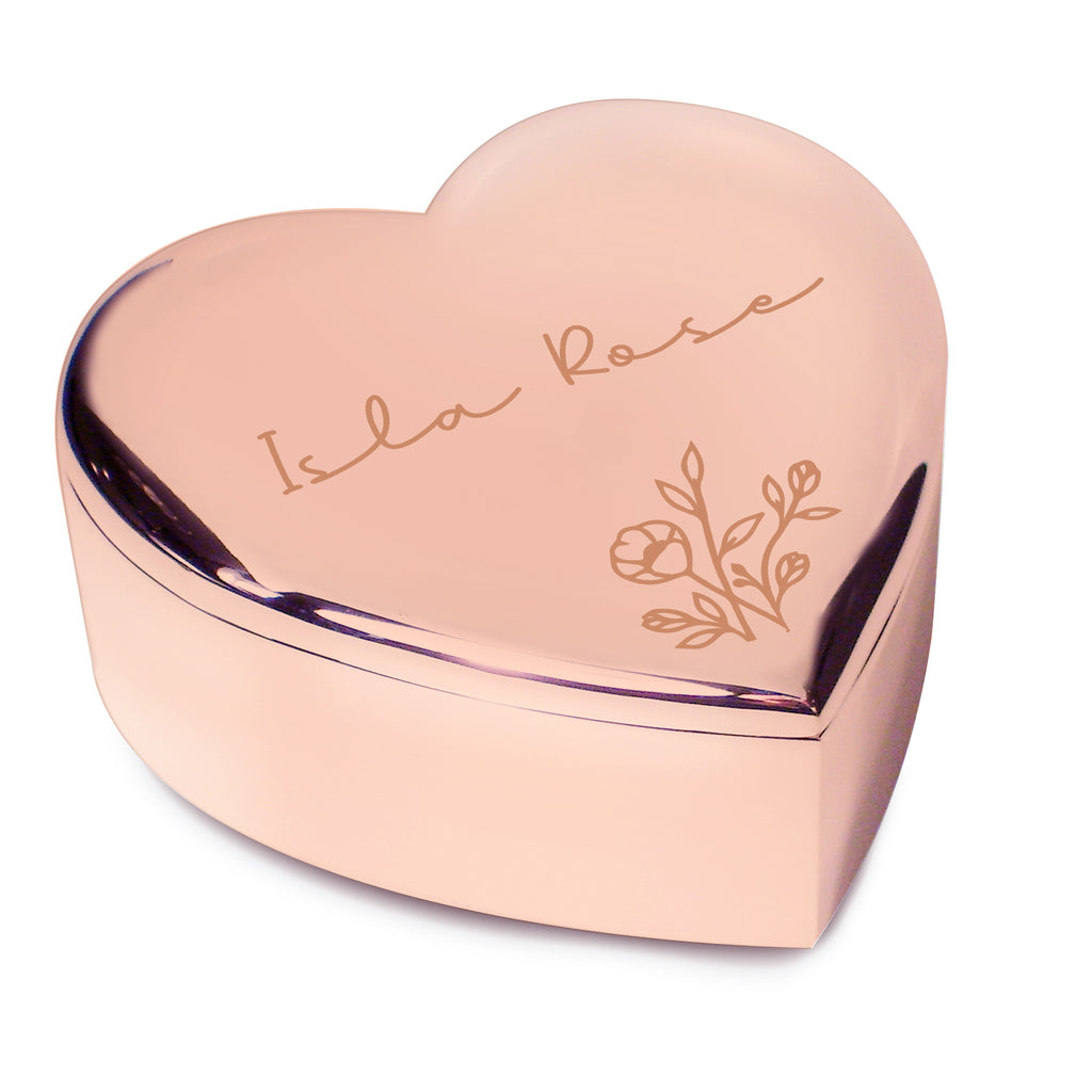 Personalised Floral Rose Gold Heart Trinket Box