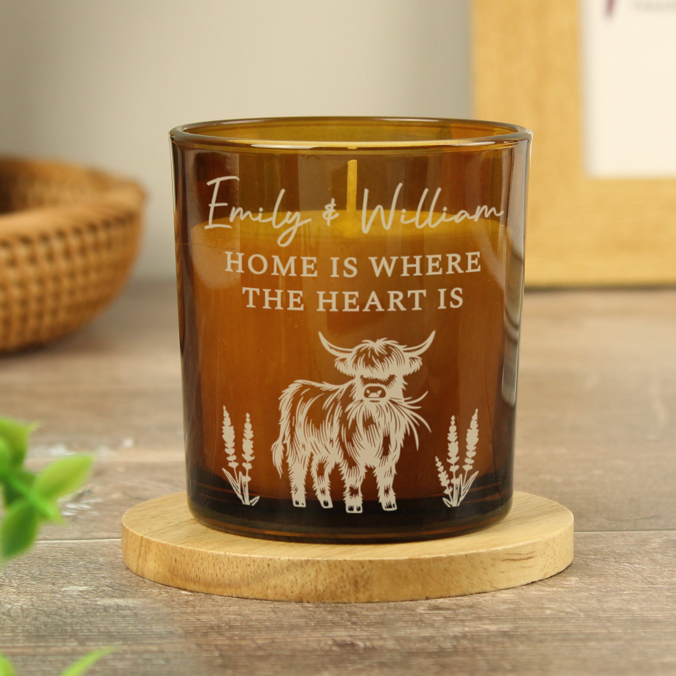 Personalised Engraved Highland Cow Amber Glass Candle