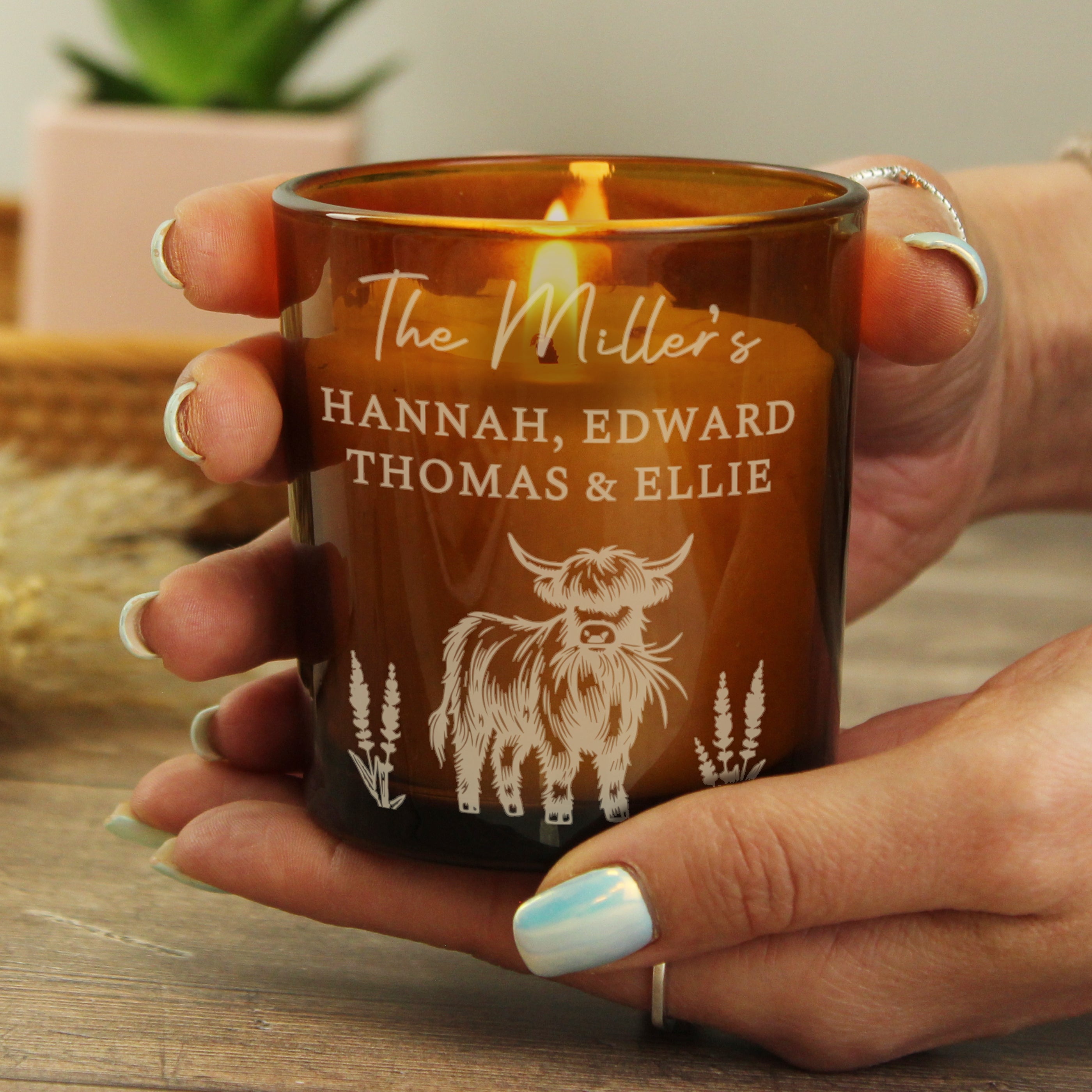 Personalised Engraved Highland Cow Amber Glass Candle