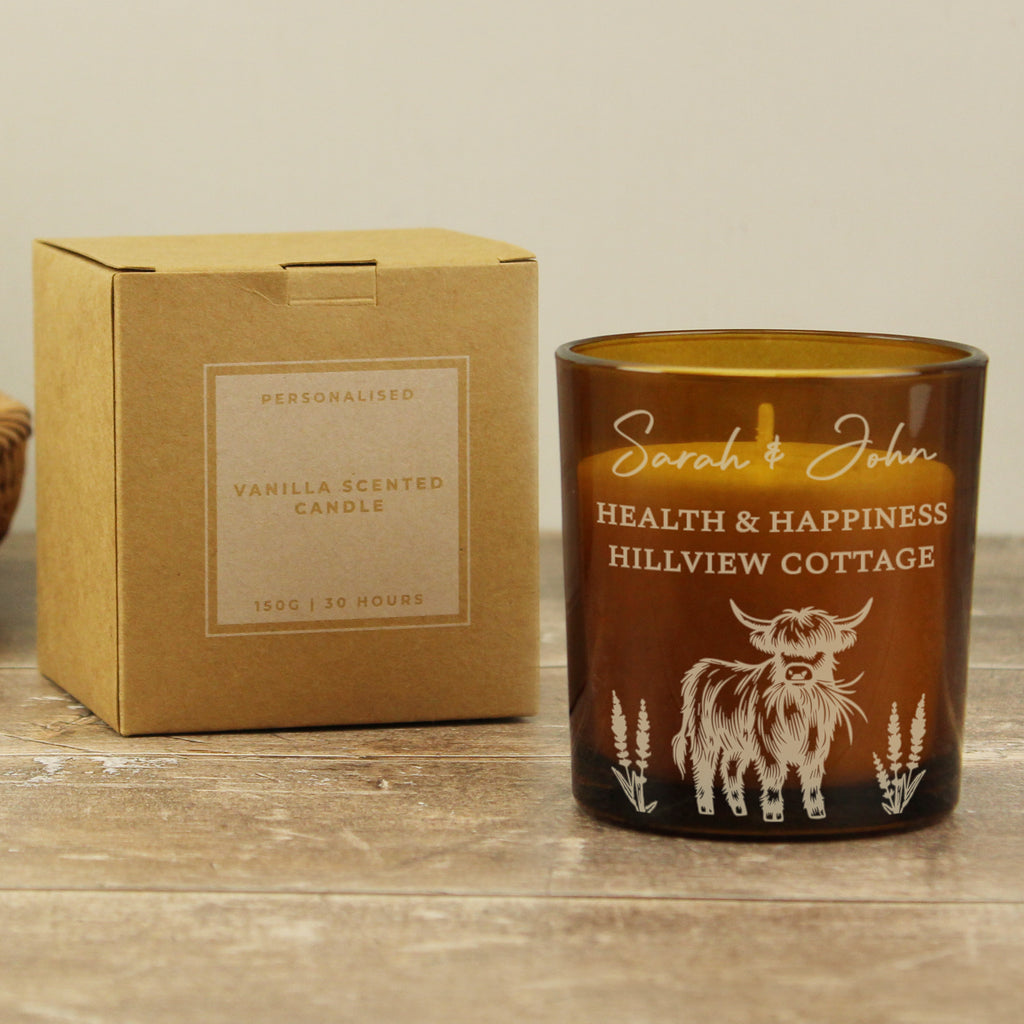 Personalised Engraved Highland Cow Amber Glass Candle