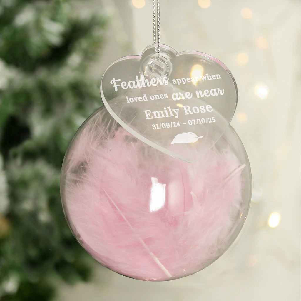 Personalised Pink Memorial Feather Bauble