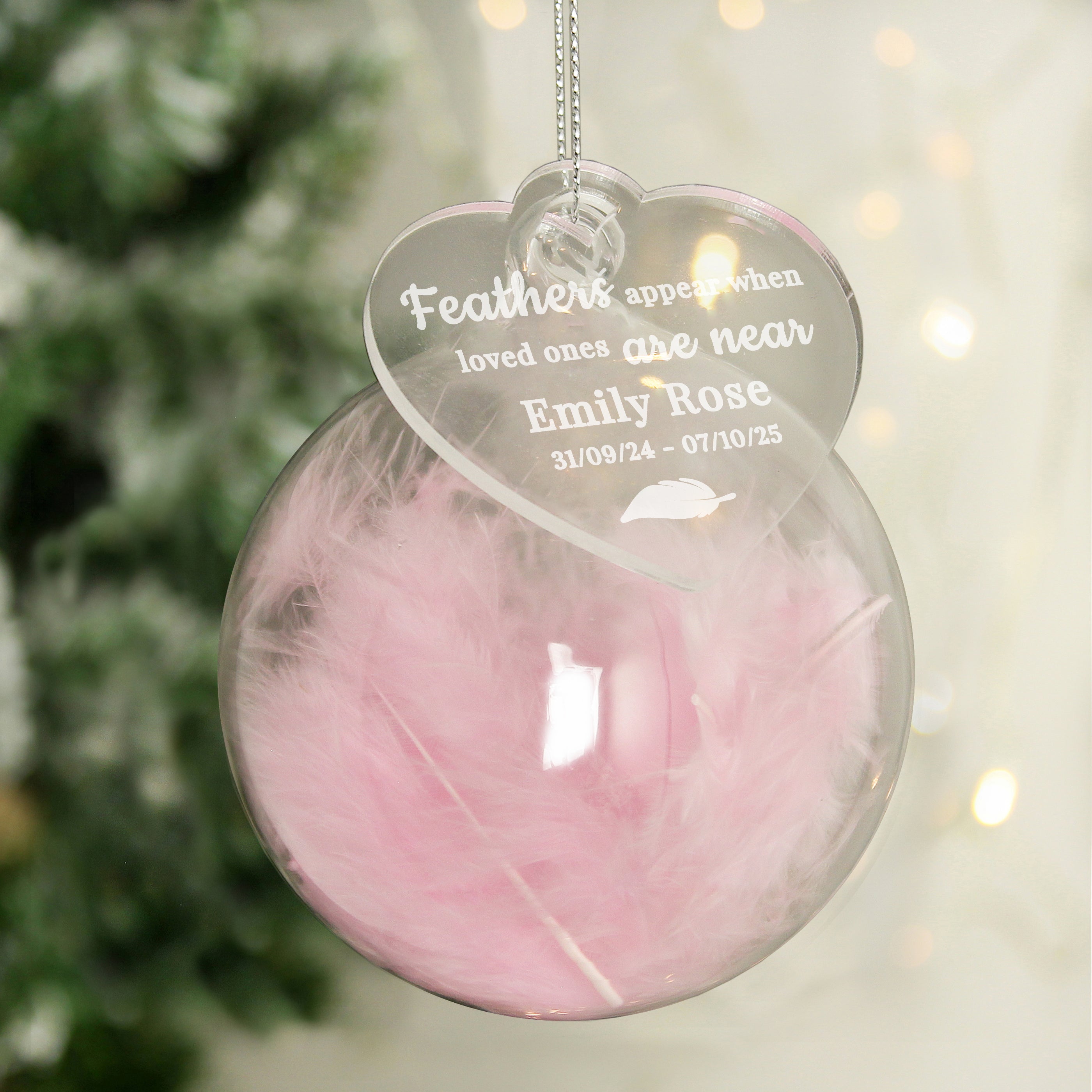 Personalised Pink Memorial Feather Bauble