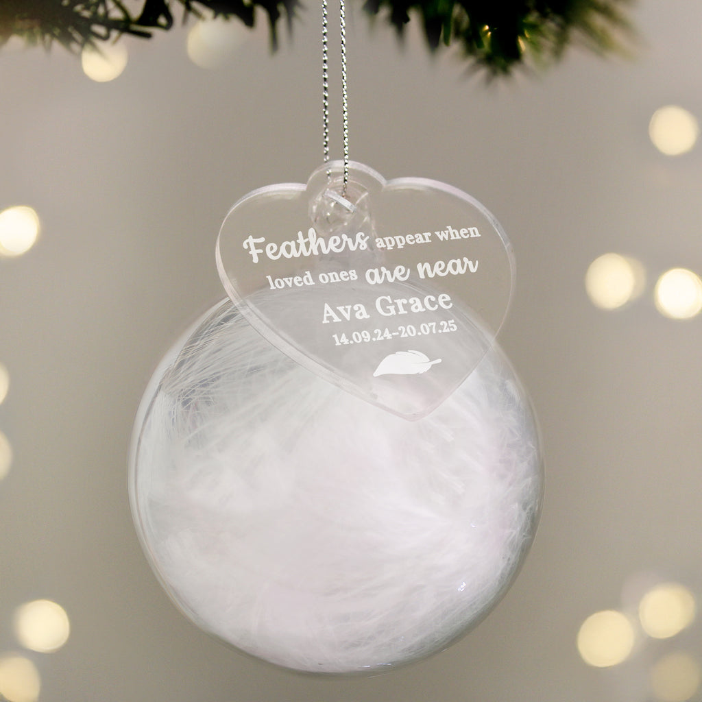 Personalised White Memorial Feather Bauble
