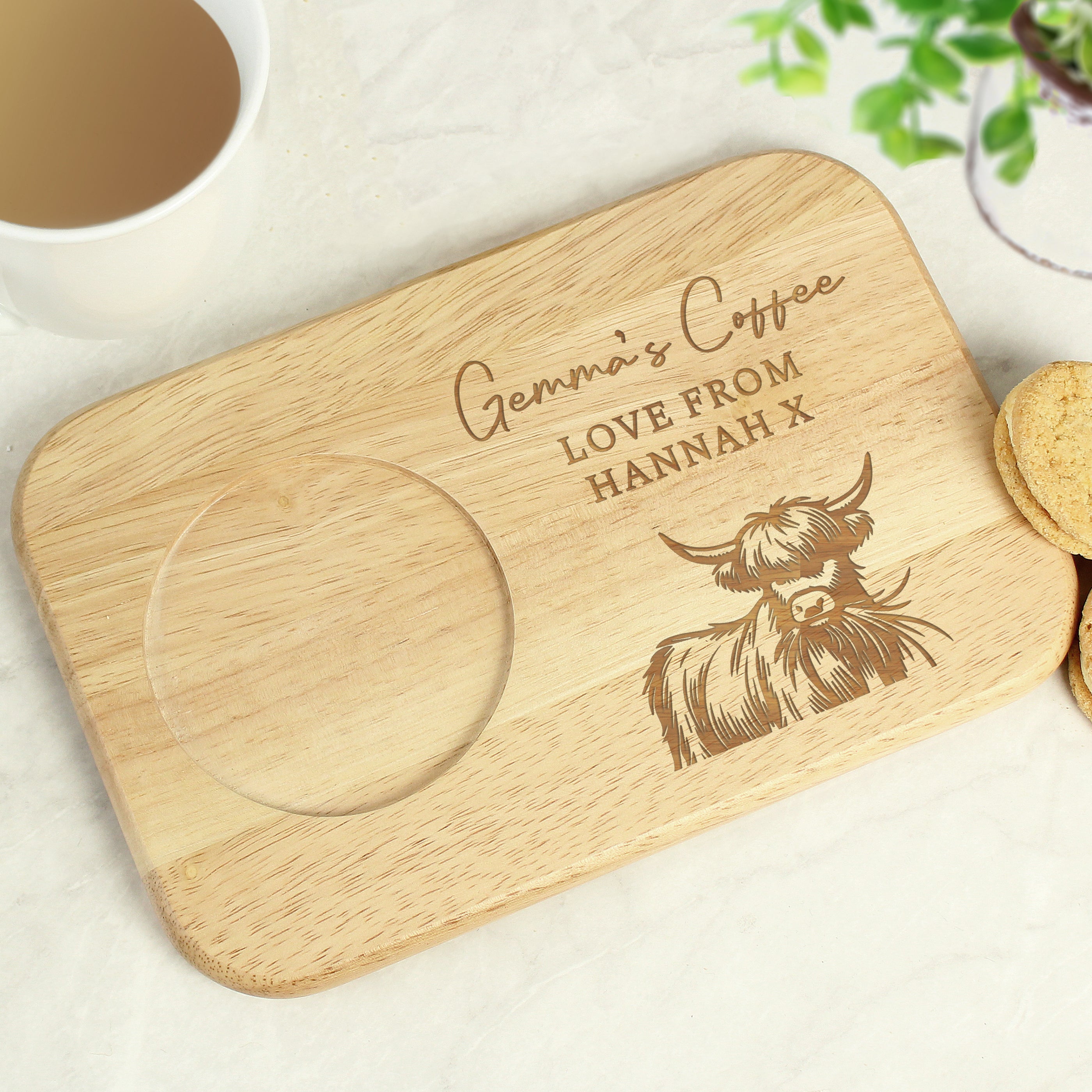 Personalised Highland Cow Wooden Coaster Tray