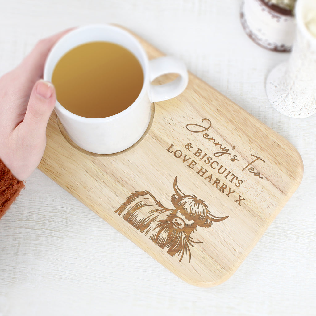 Personalised Highland Cow Wooden Coaster Tray