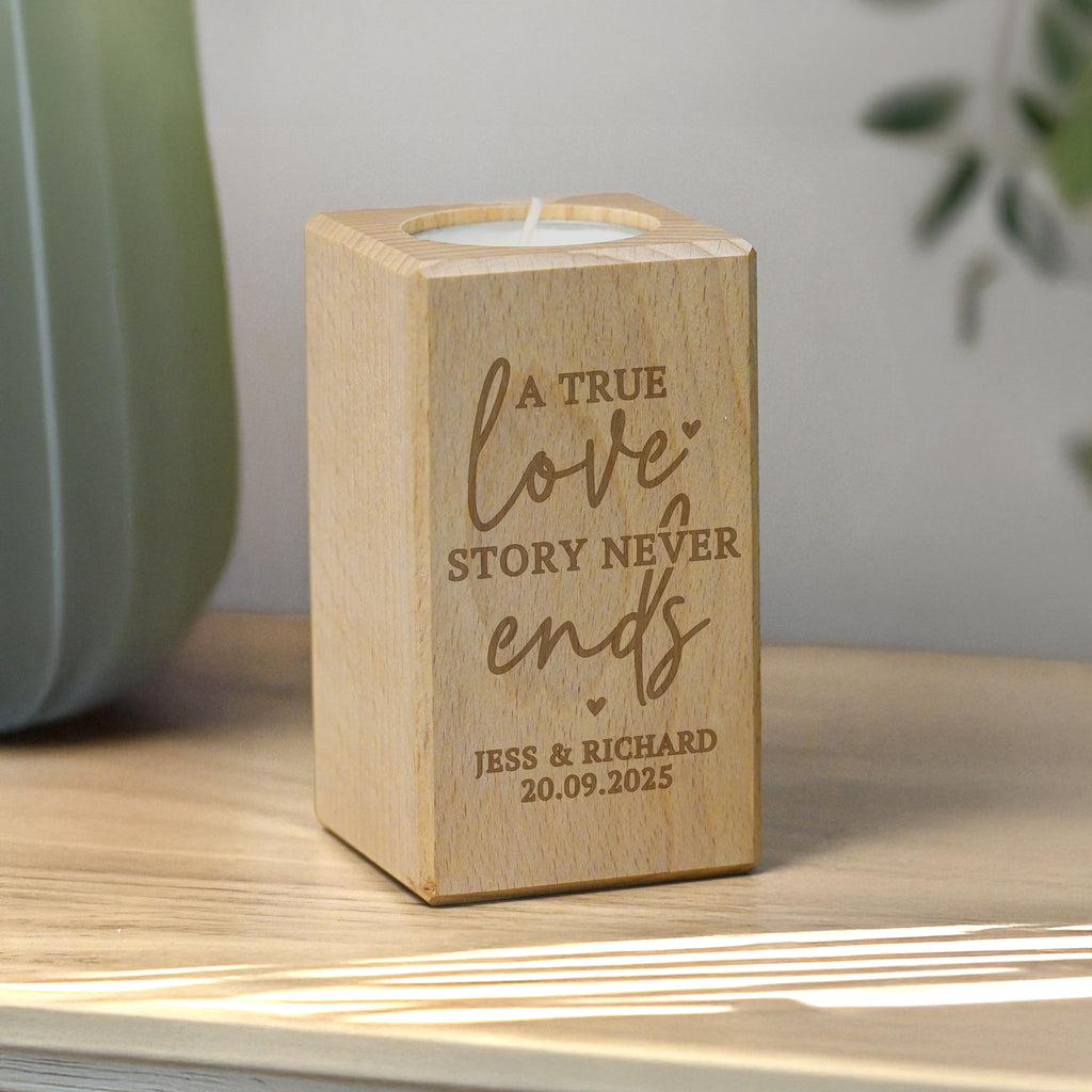Personalised Love Story Wooden Tealight Holder