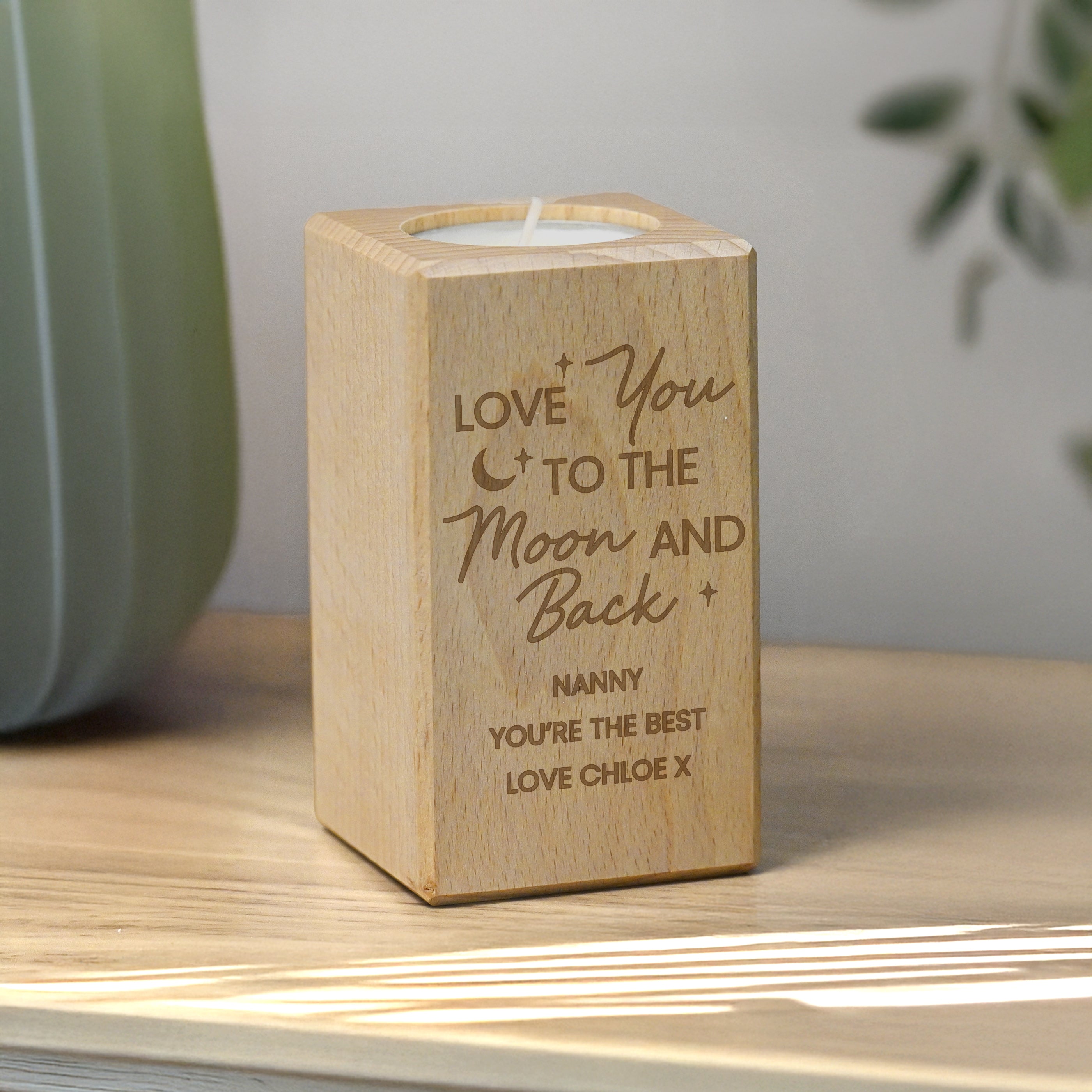 Personalised Love You To The Moon Wooden Tealight Holder