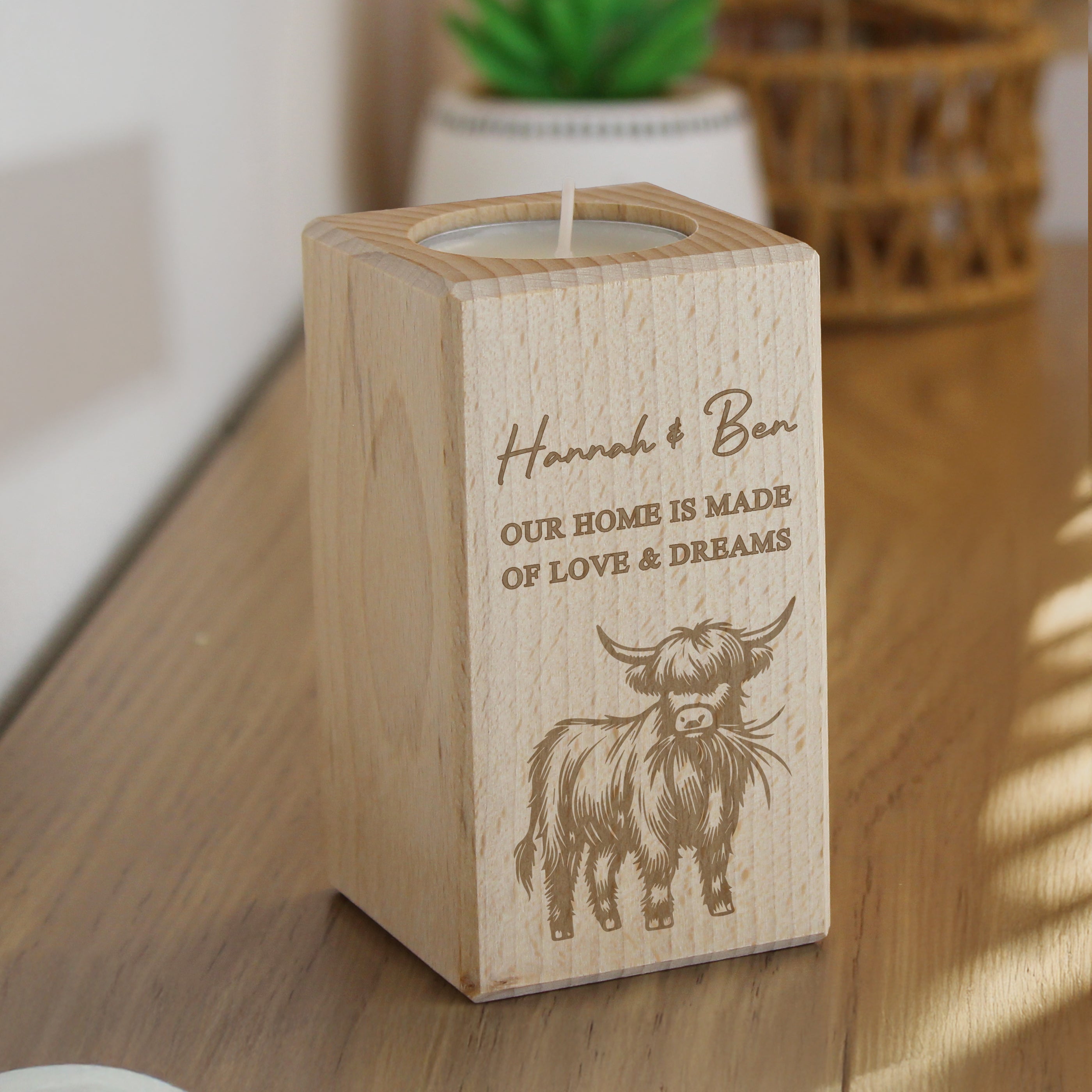 Personalised Highland Cow Wooden Tealight Holder
