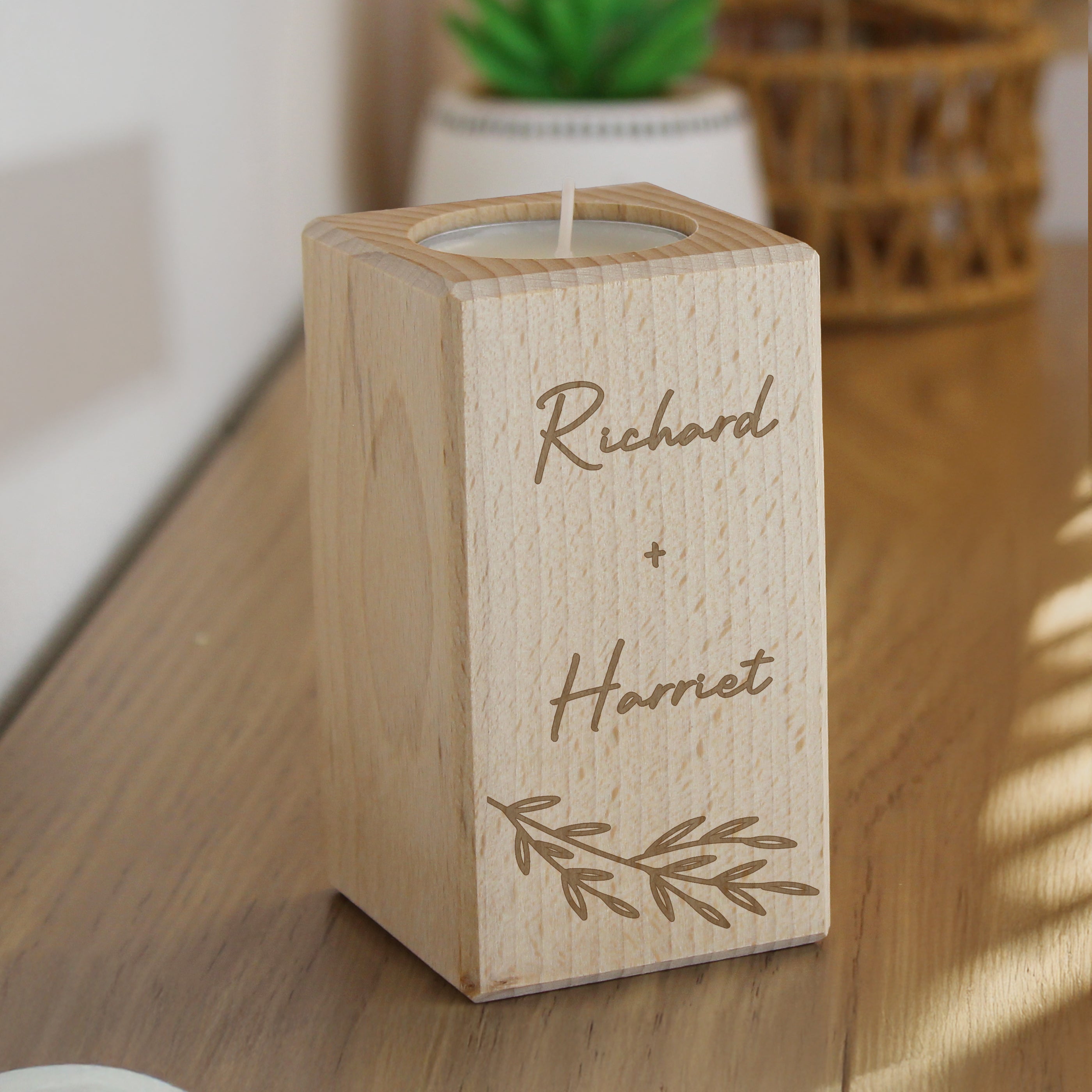 Personalised Botanical Wooden Tealight Holder