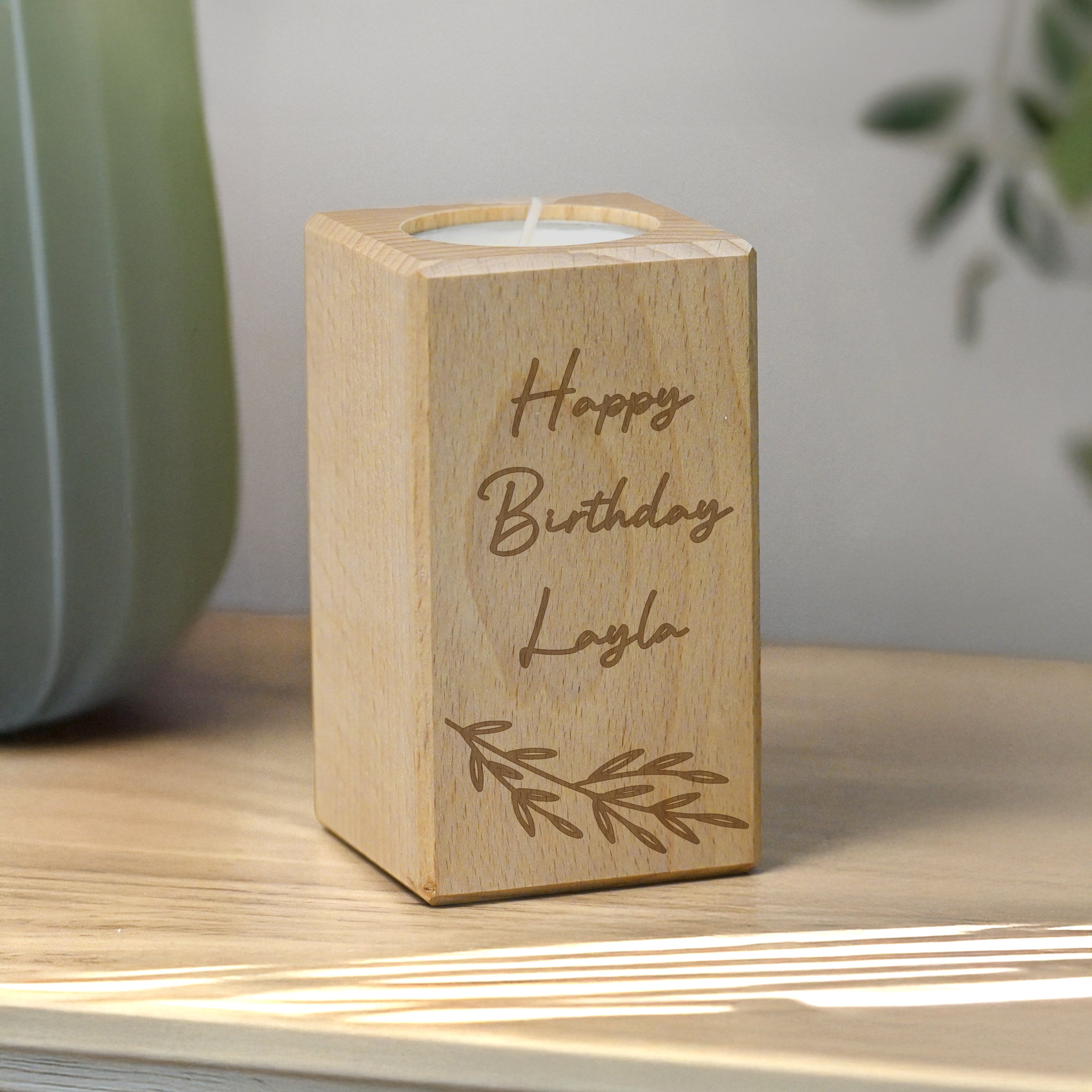 Personalised Botanical Wooden Tealight Holder