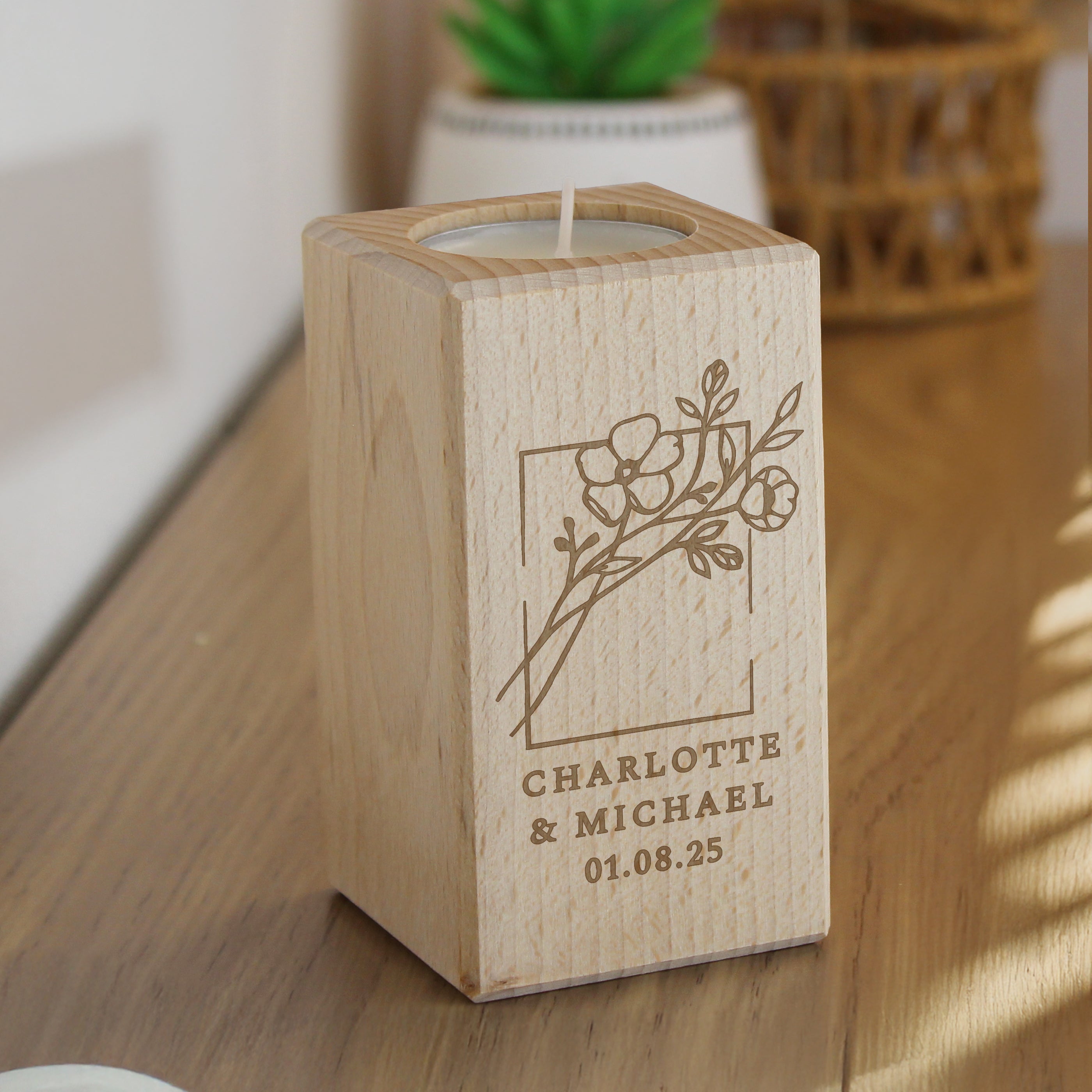 Personalised Floral Bouquet Wooden Tealight Holder