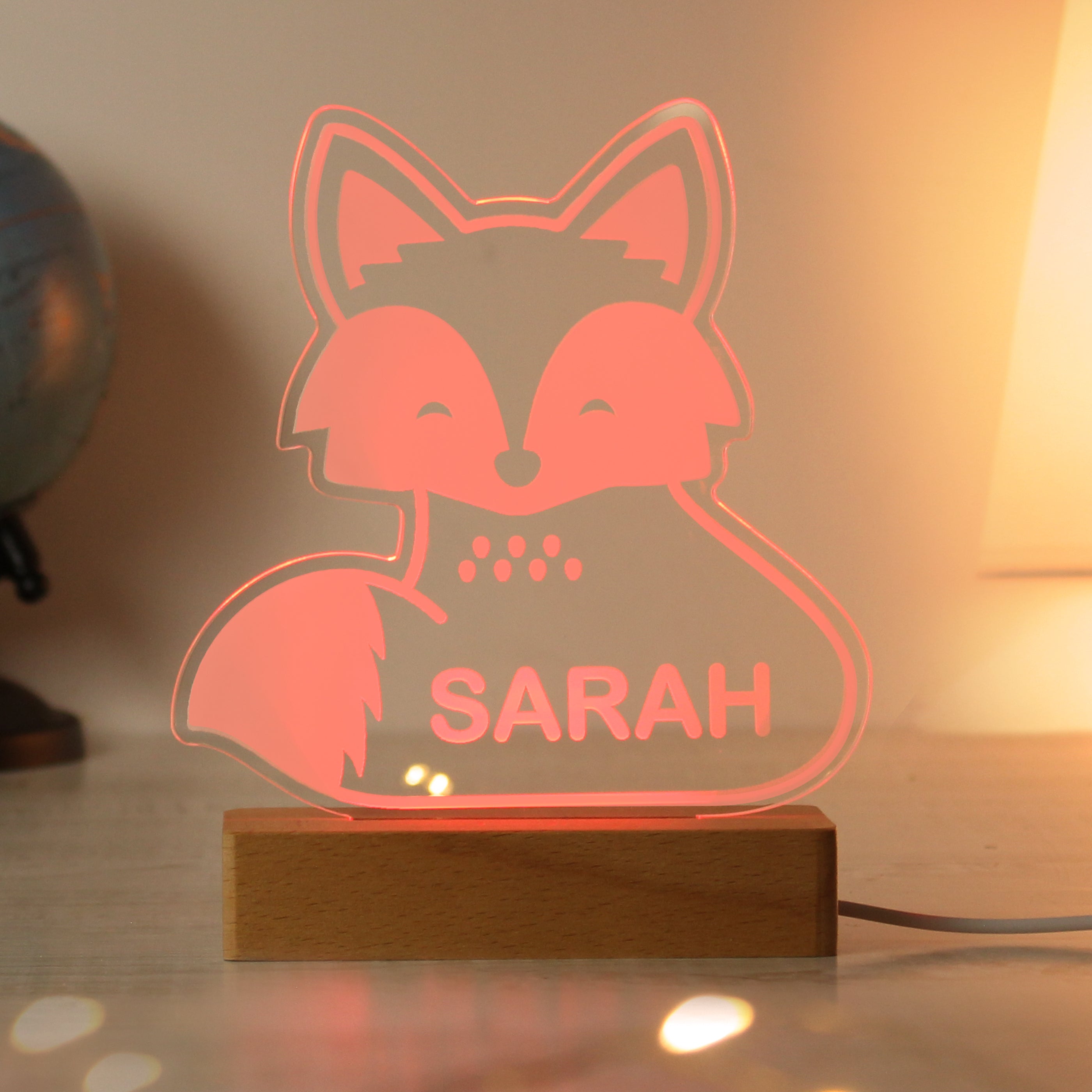 Personalised Fox Wooden Based LED Light