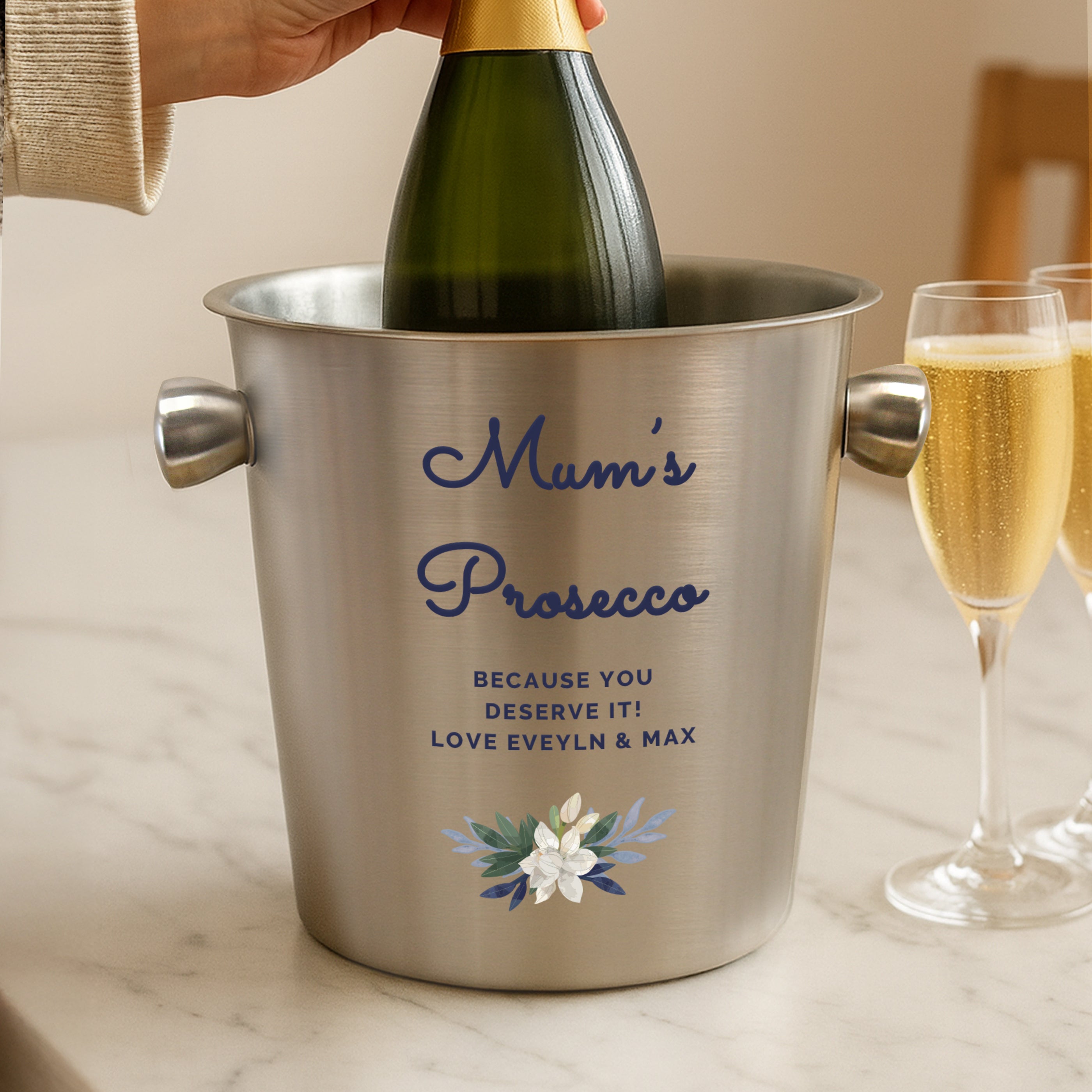 Personalised Blue Floral Stainless Steel Ice Bucket