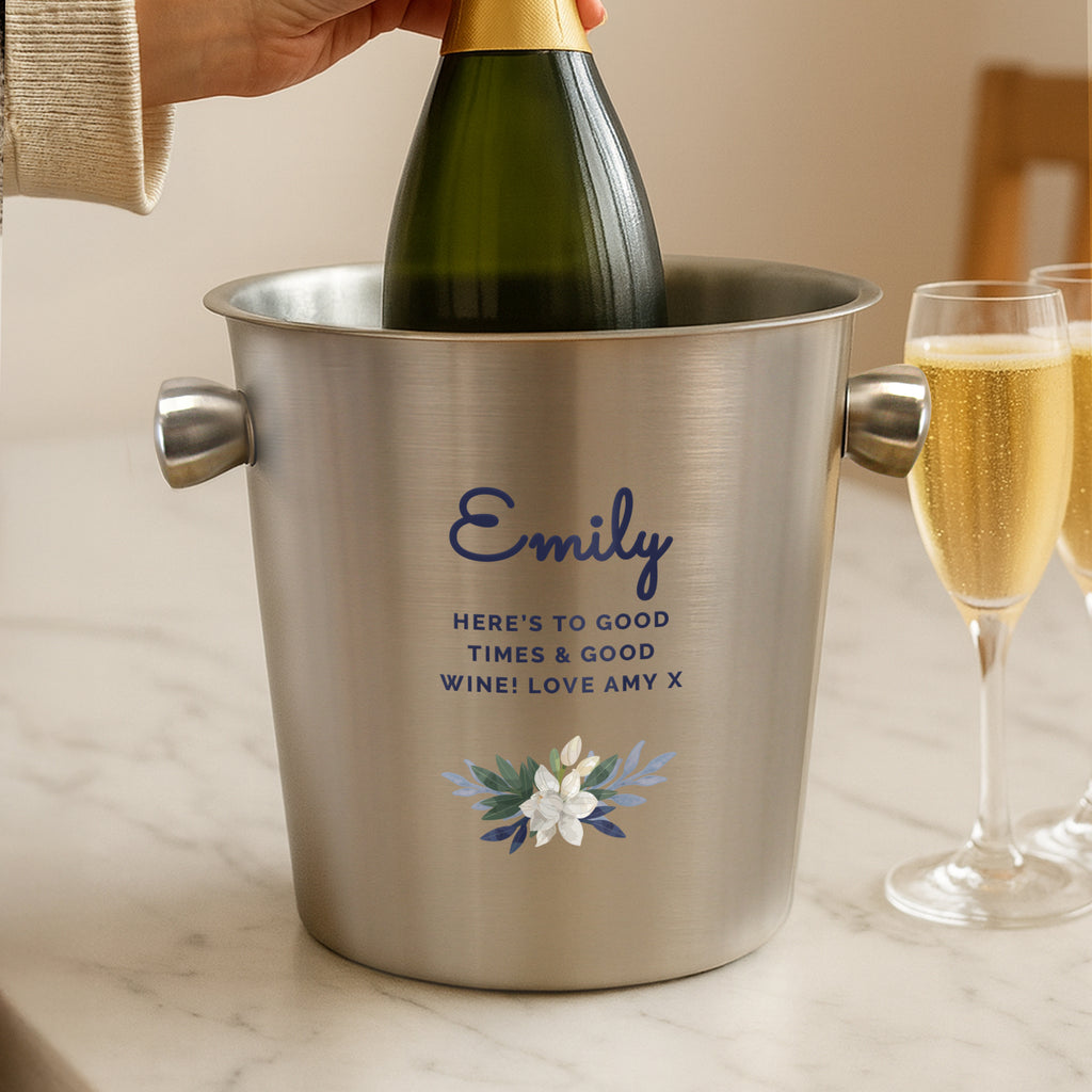 Personalised Blue Floral Stainless Steel Ice Bucket