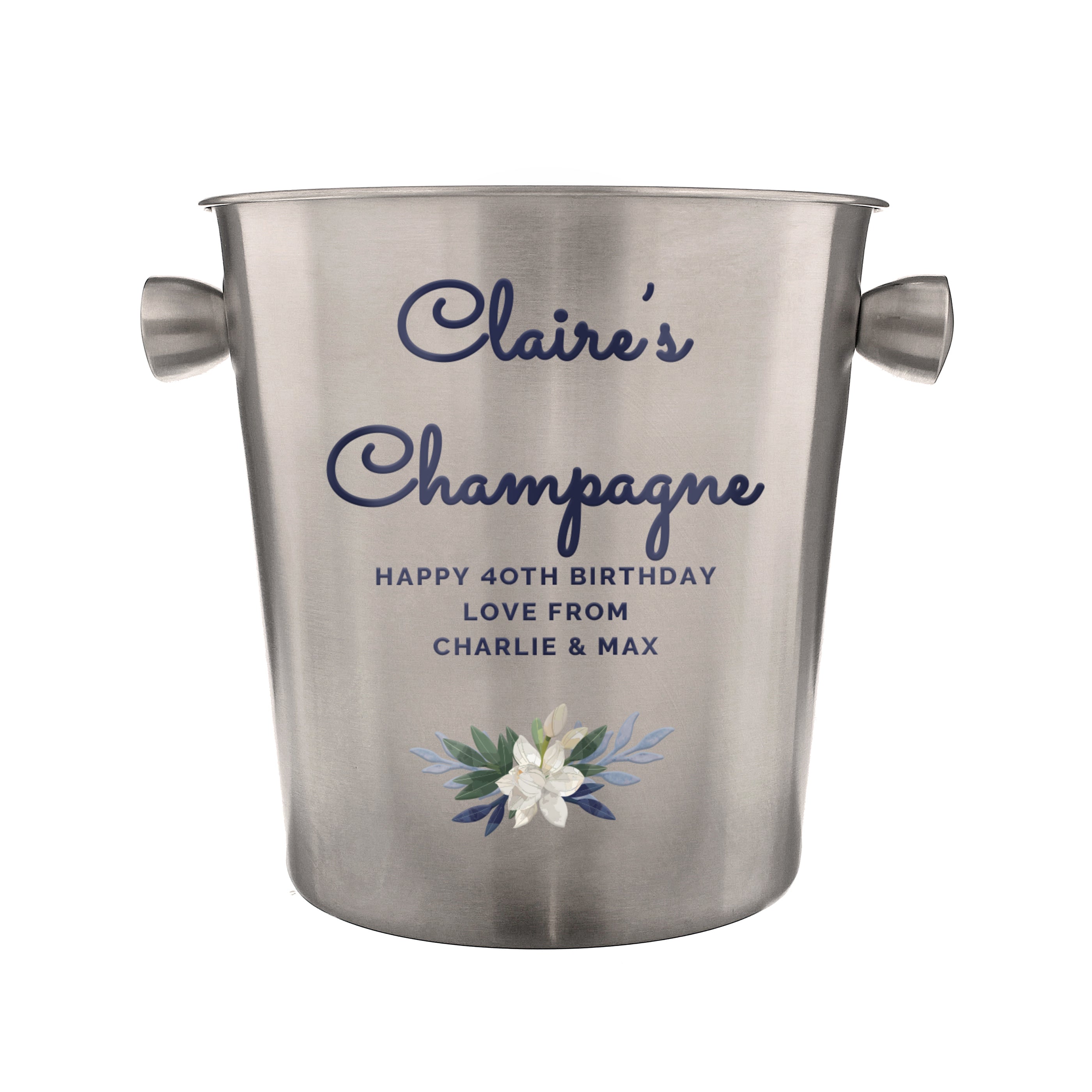Personalised Blue Floral Stainless Steel Ice Bucket