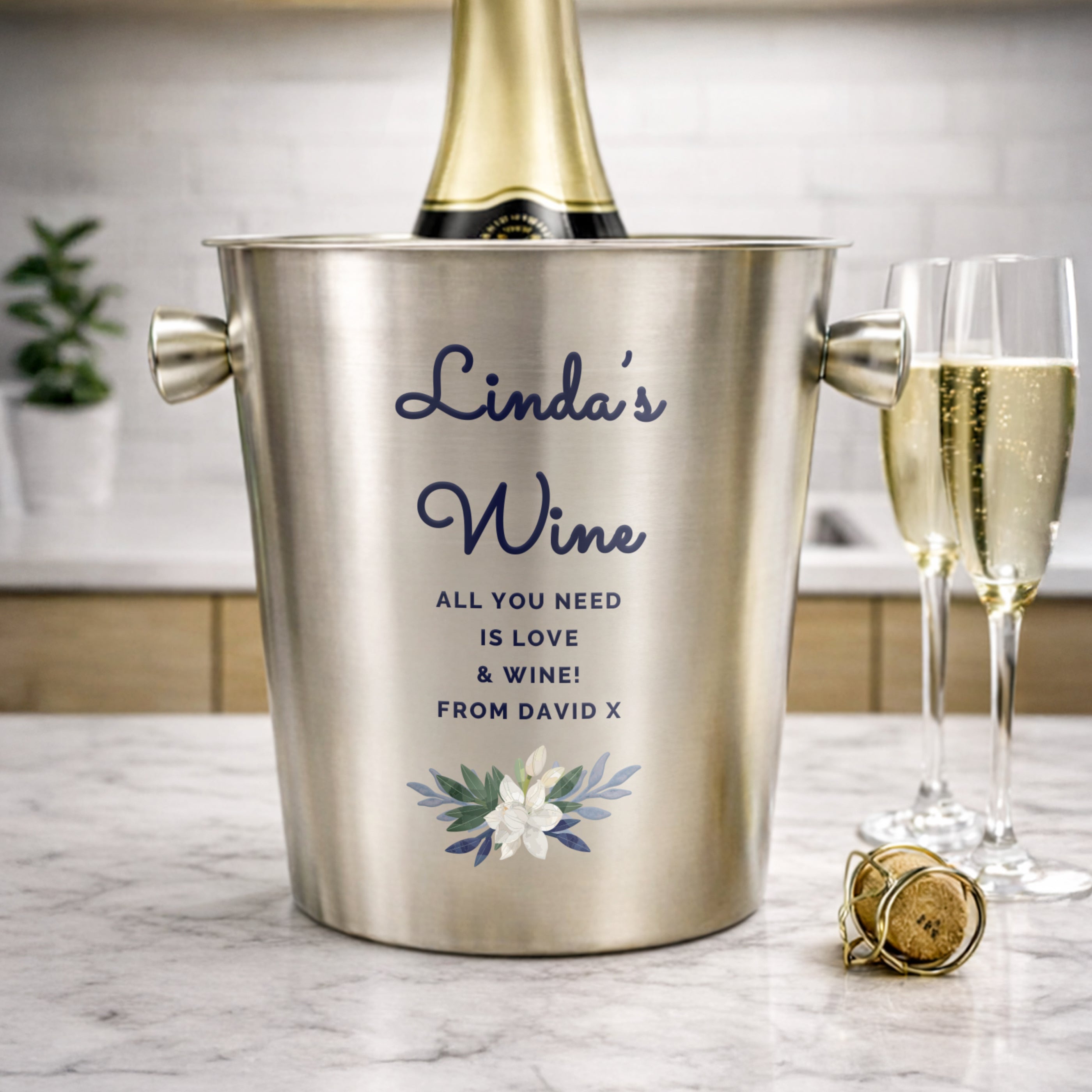 Personalised Blue Floral Stainless Steel Ice Bucket
