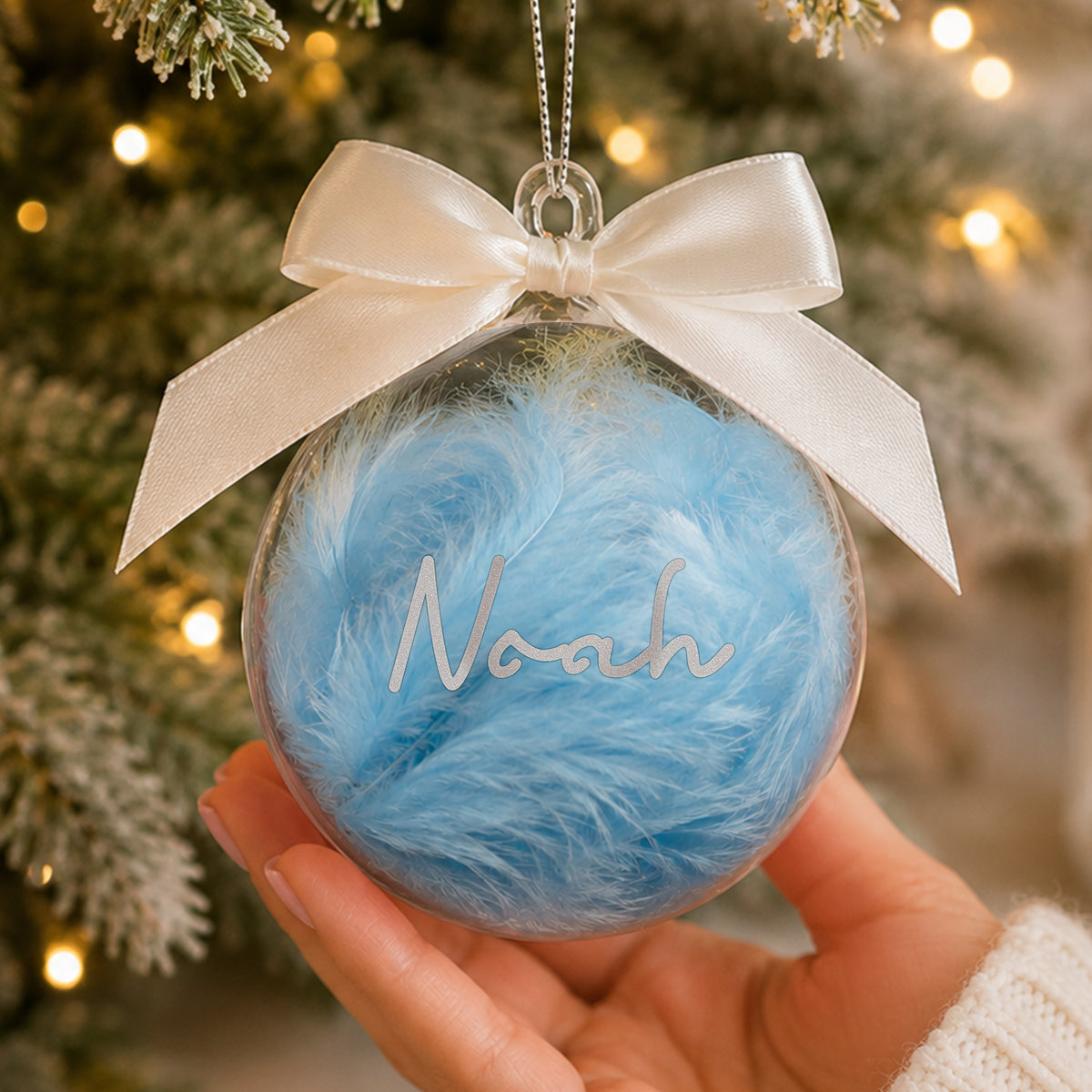 Personalised Blue Feather Name Glass Bauble With Ribbon