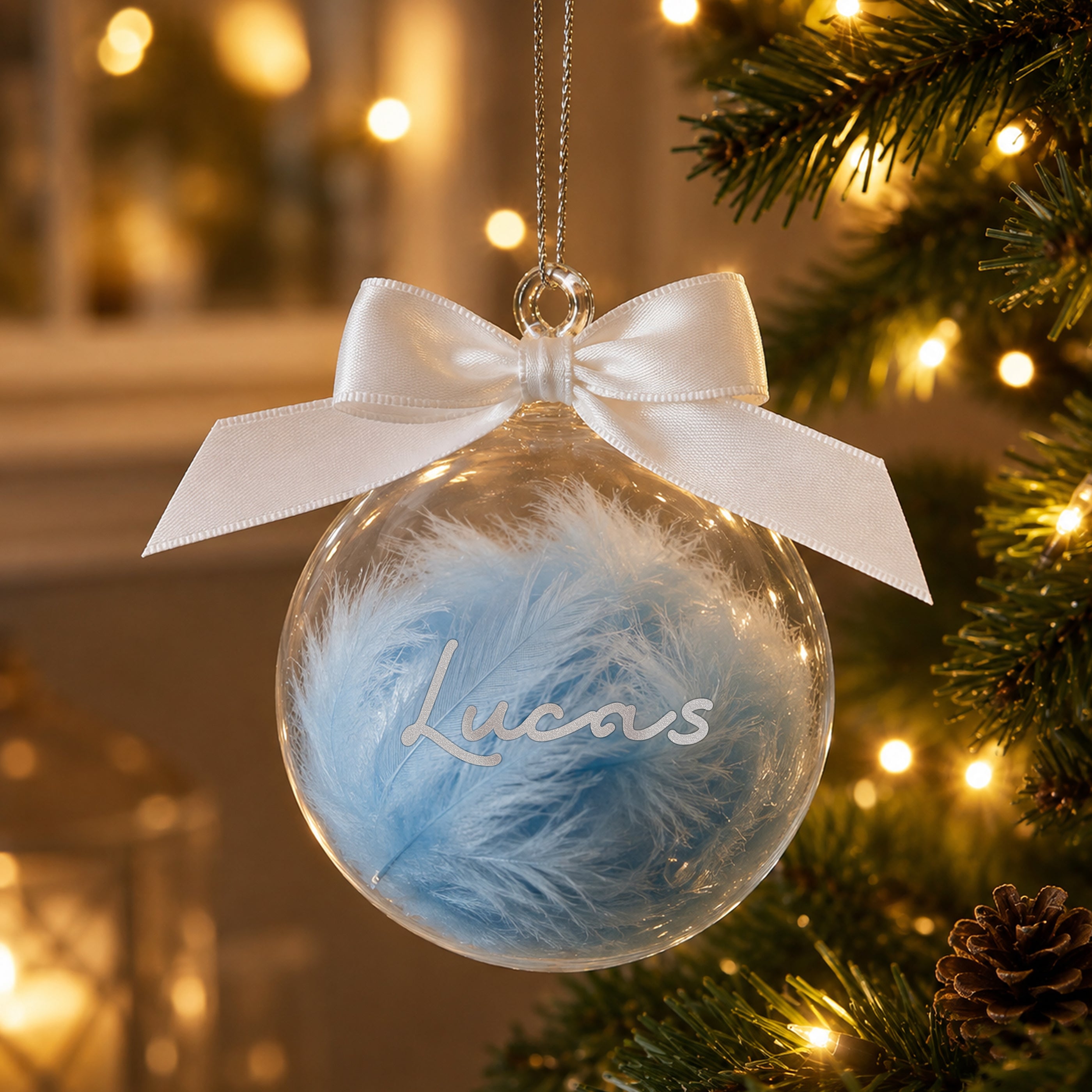 Personalised Blue Feather Name Glass Bauble With Ribbon