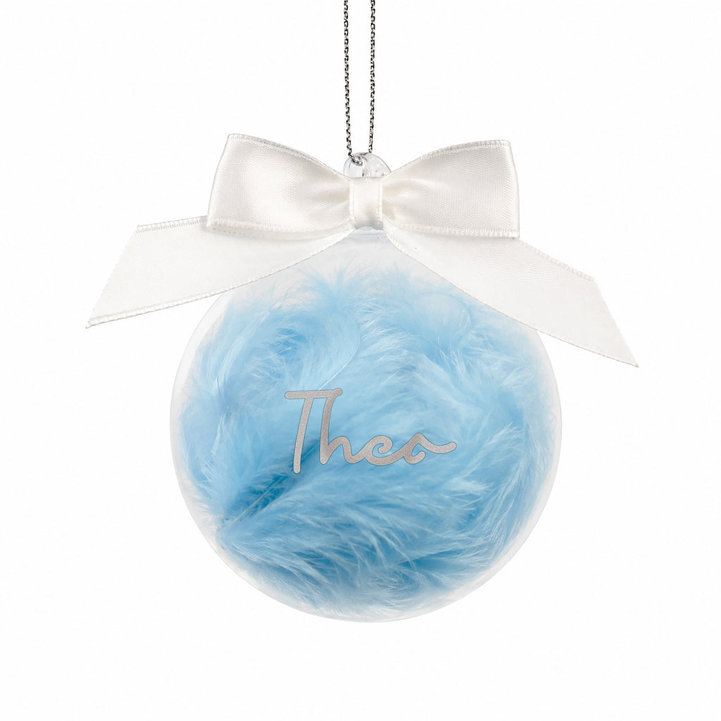 Personalised Blue Feather Name Glass Bauble With Ribbon