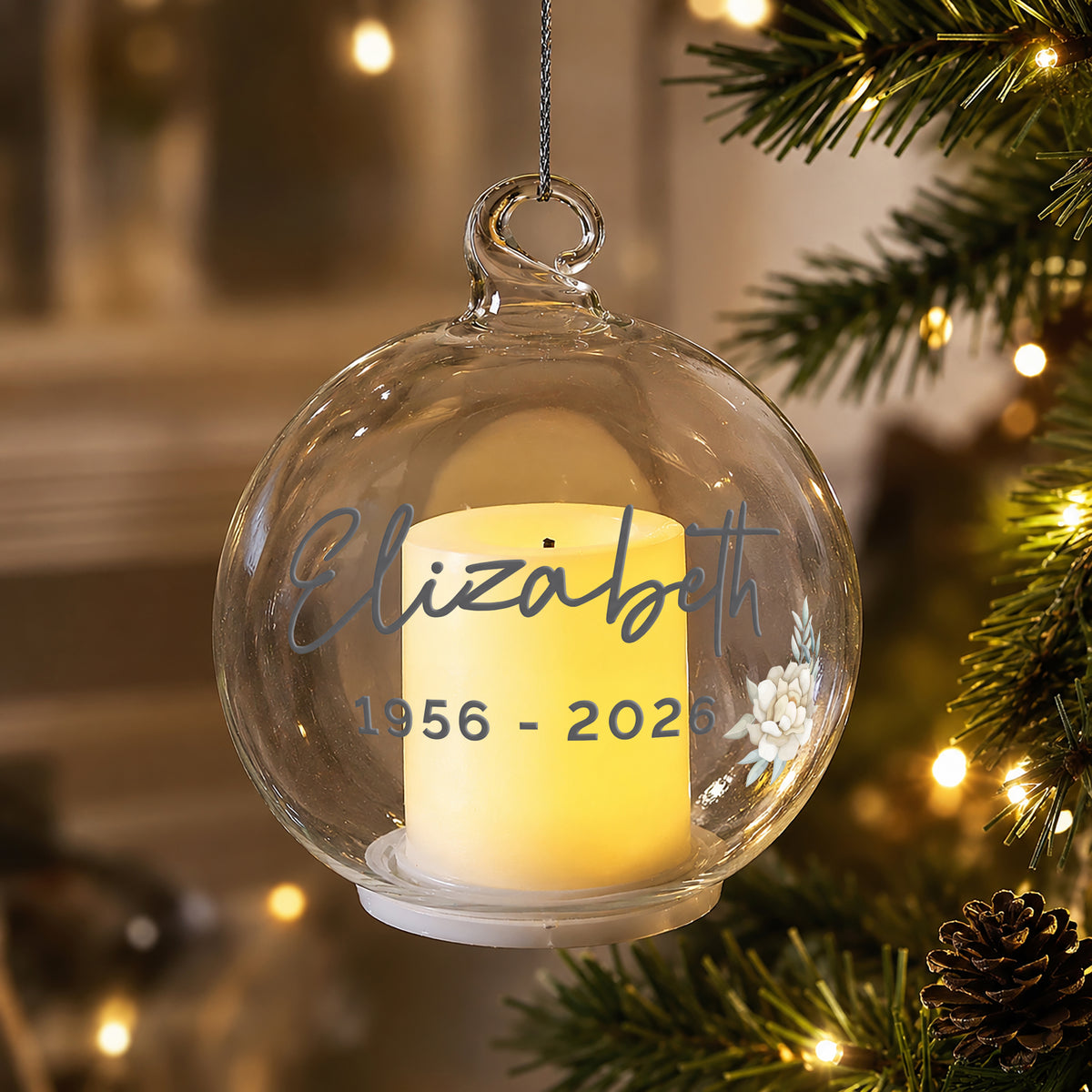 Personalised Floral Memorial LED Candle Bauble