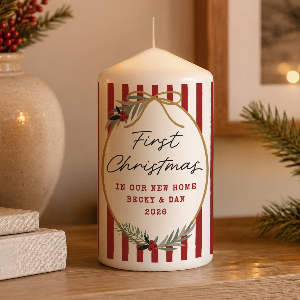 Personalised Candy Cane Stripe Pillar Candle