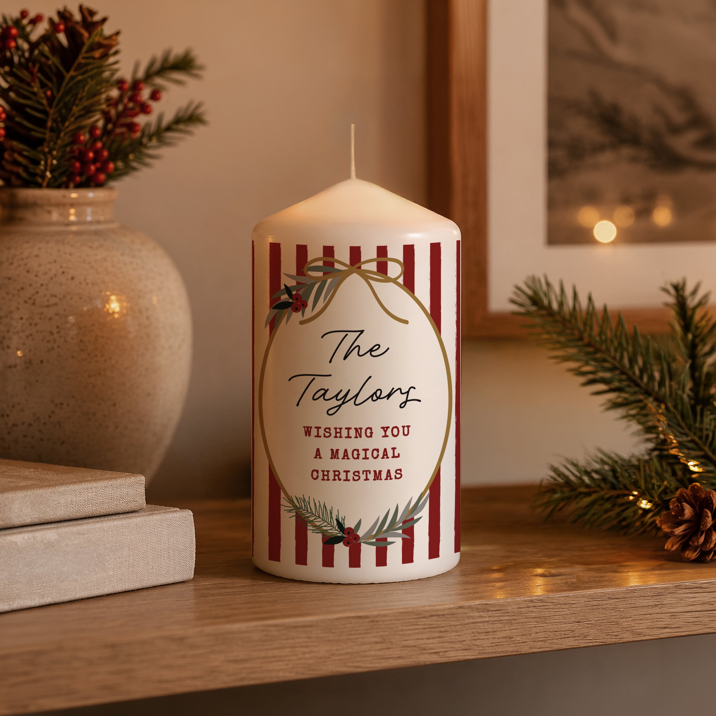 Personalised Candy Cane Stripe Pillar Candle