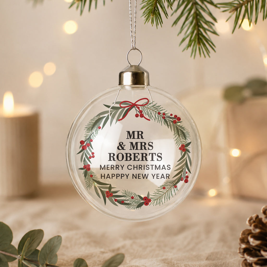 Personalised Green Christmas Wreath Glass Bauble