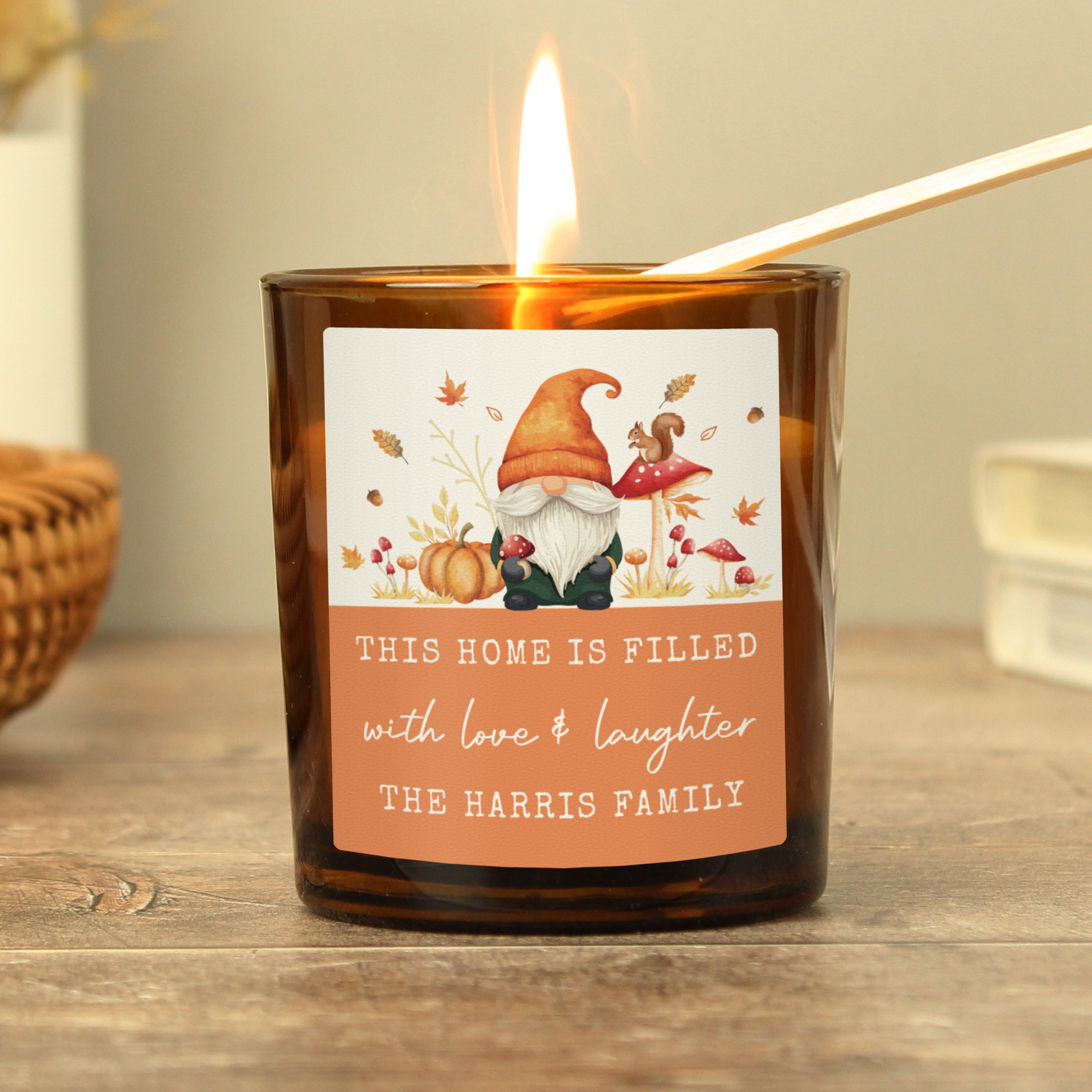 Personalised Autumn Gonk Amber Glass Candle