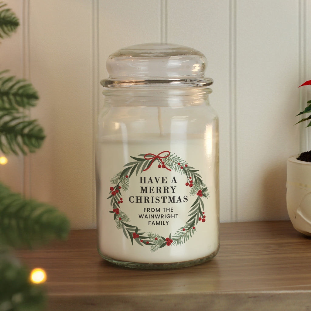 Personalised Christmas Wreath Large Candle Jar