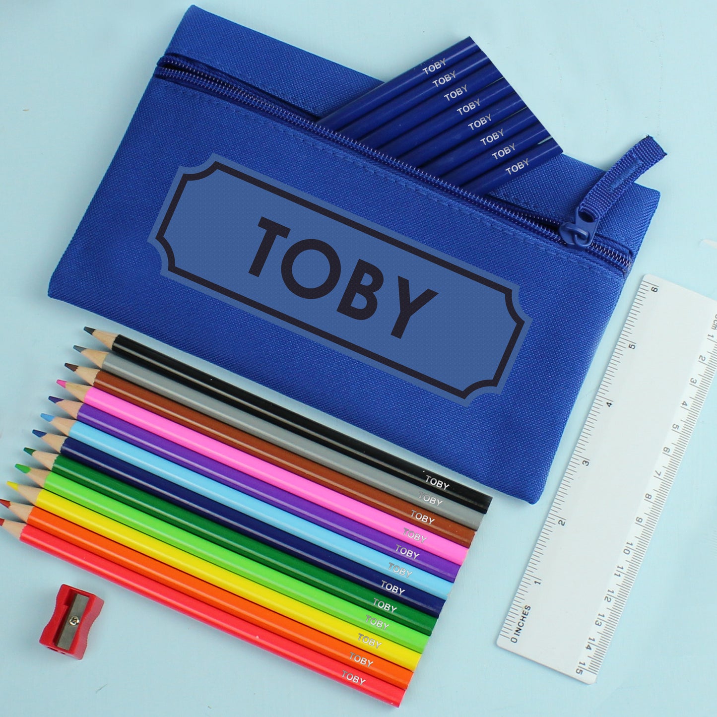 Blue Pencil Case with Personalised Pencils & Colouring Pencils