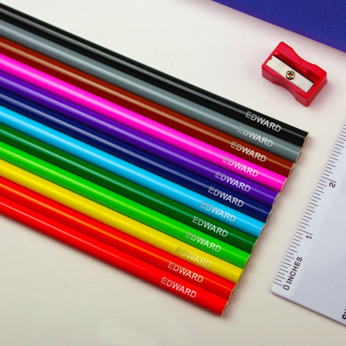 Blue Pencil Case with Personalised Pencils & Colouring Pencils