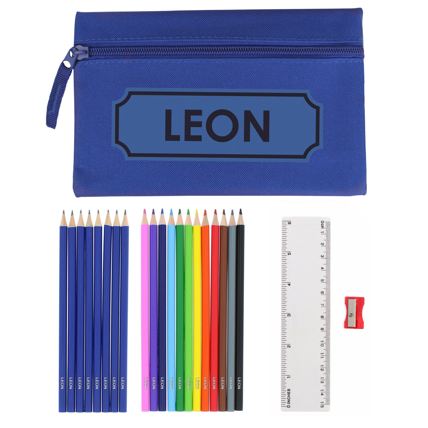 Blue Pencil Case with Personalised Pencils & Colouring Pencils