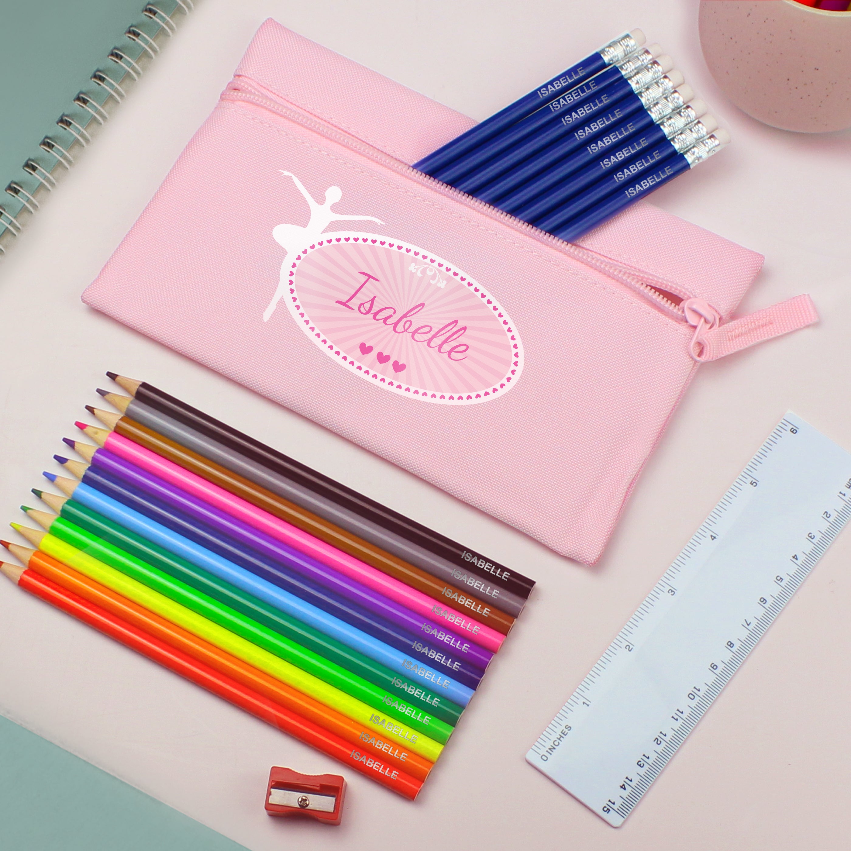Pink Ballerina Pencil Case with Personalised Pencils & Colouring Pencils