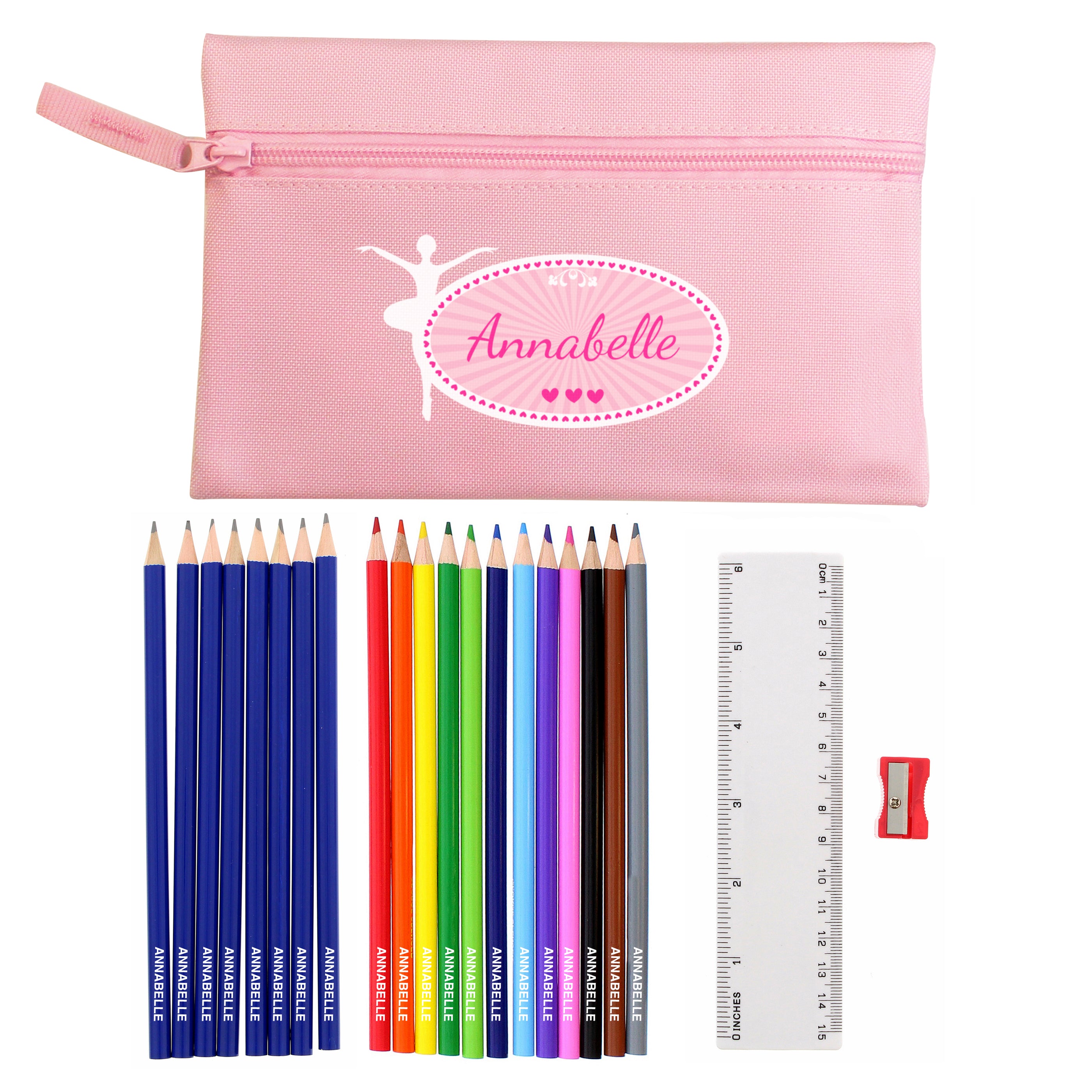 Pink Ballerina Pencil Case with Personalised Pencils & Colouring Pencils