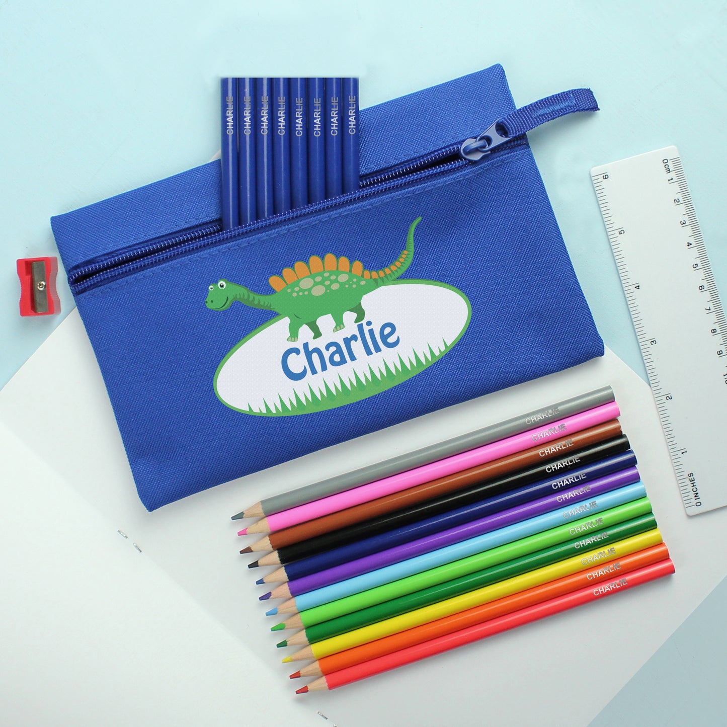 Blue Dinosaur Pencil Case with Personalised Pencils & Colouring Pencils