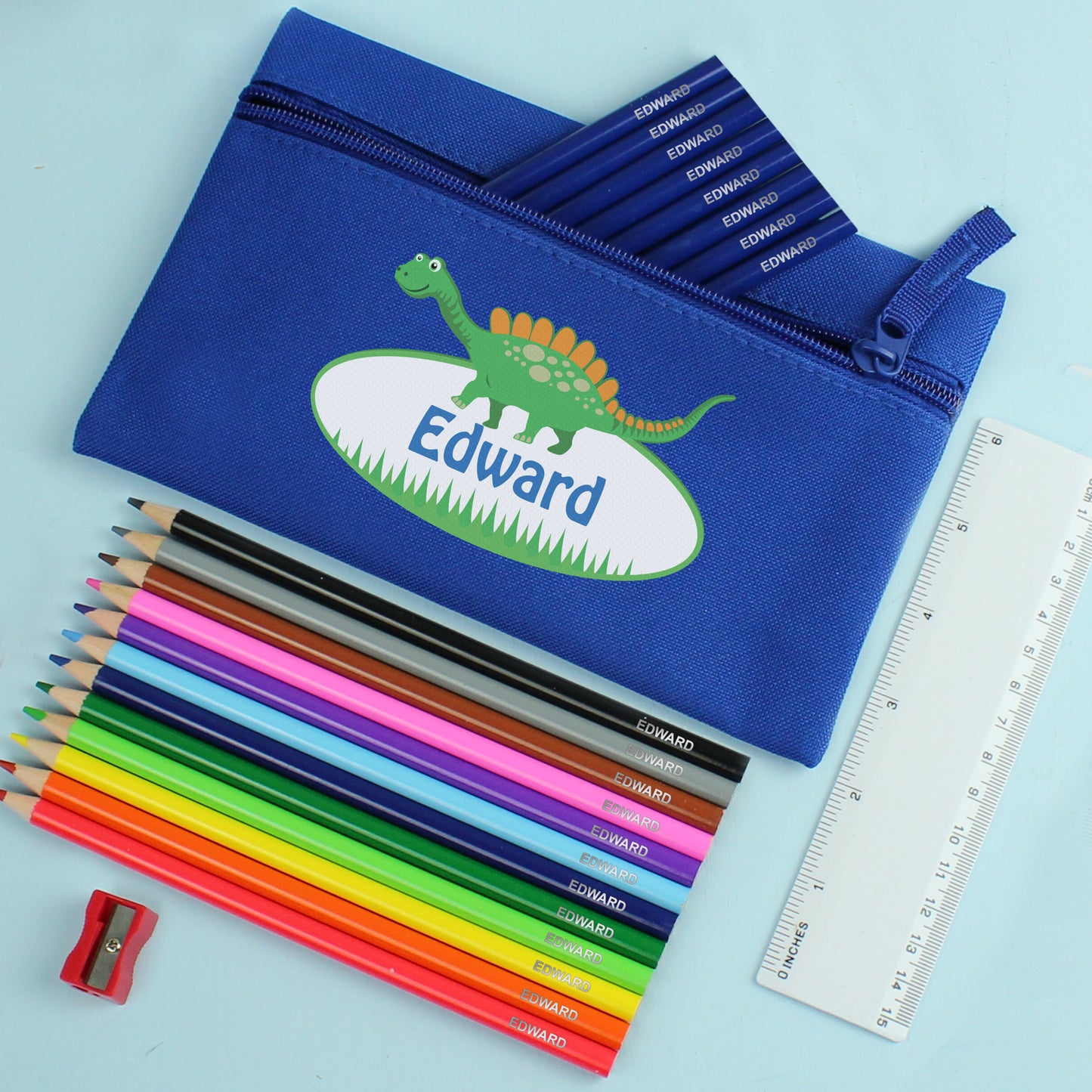 Blue Dinosaur Pencil Case with Personalised Pencils & Colouring Pencils