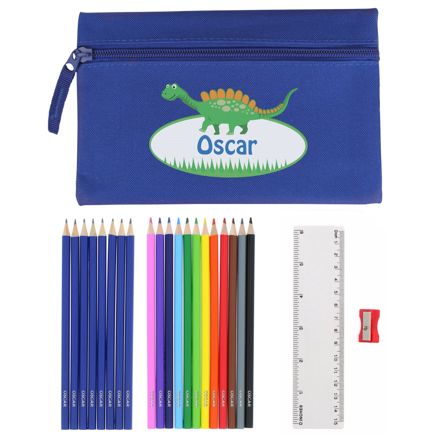 Blue Dinosaur Pencil Case with Personalised Pencils & Colouring Pencils