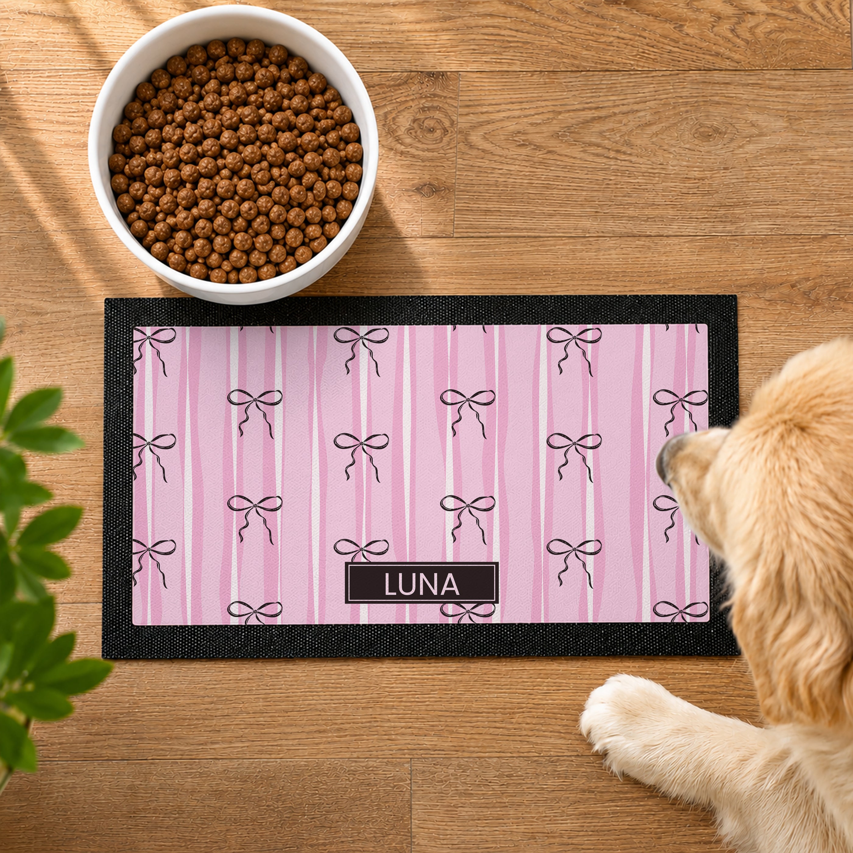 Personalised Pink Bow Pet Bowl Mat