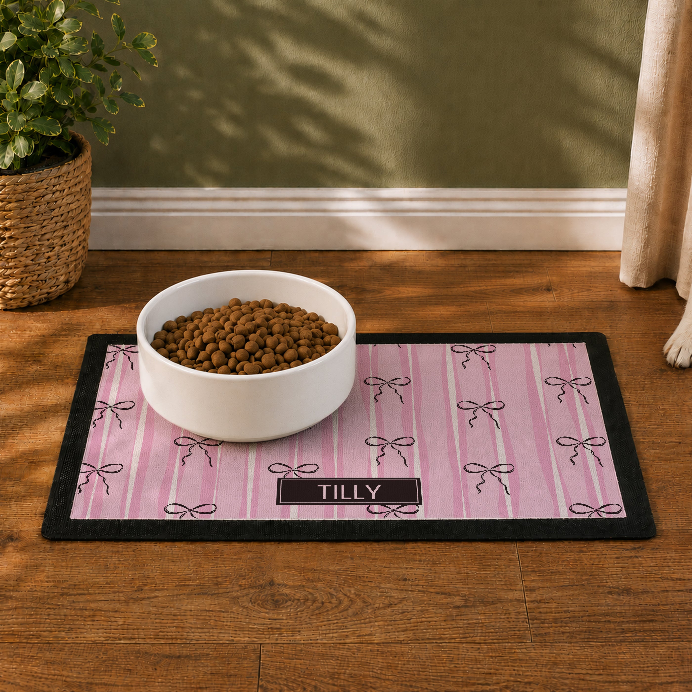 Personalised Pink Bow Pet Bowl Mat