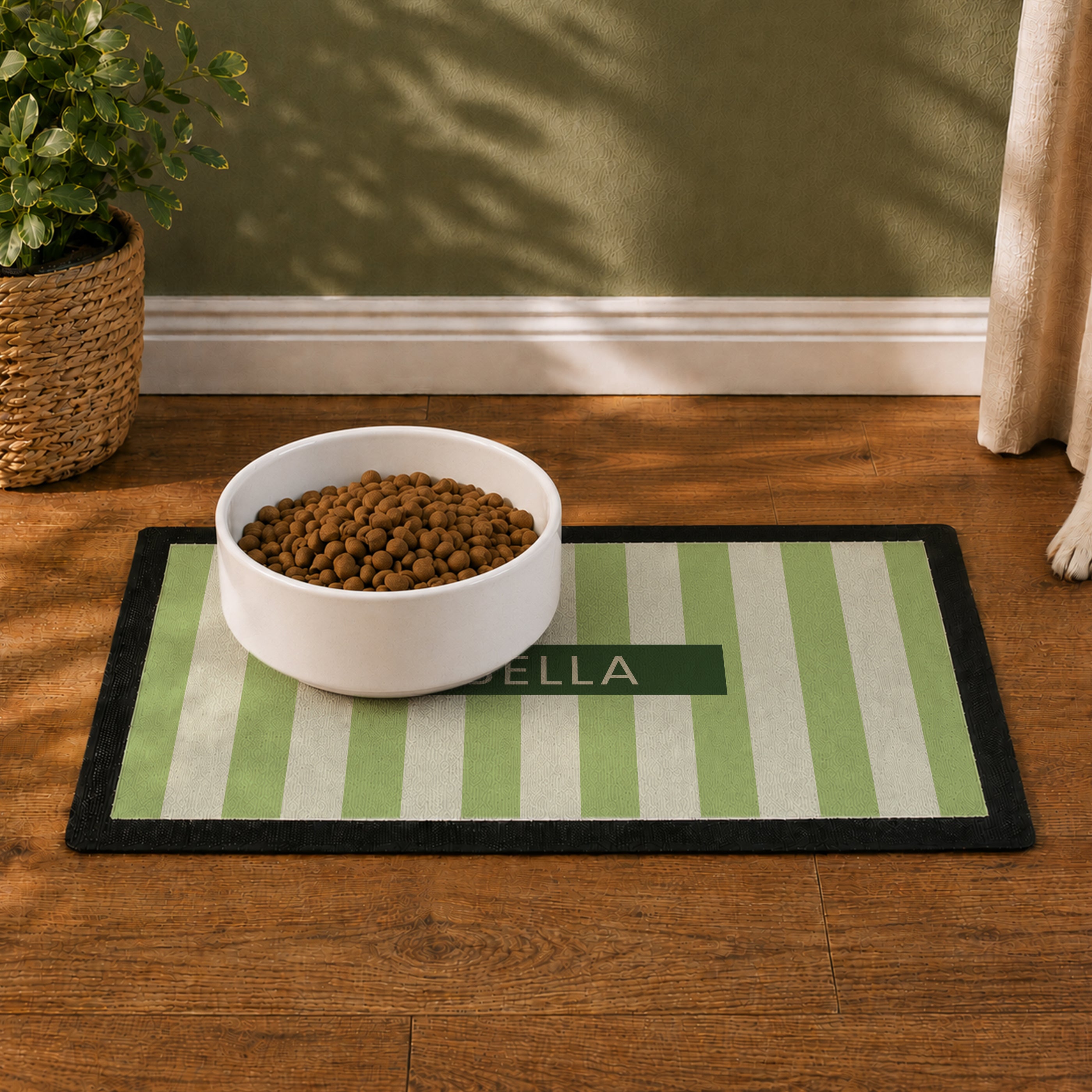 Personalised Green Stripe Pet Bowl Mat