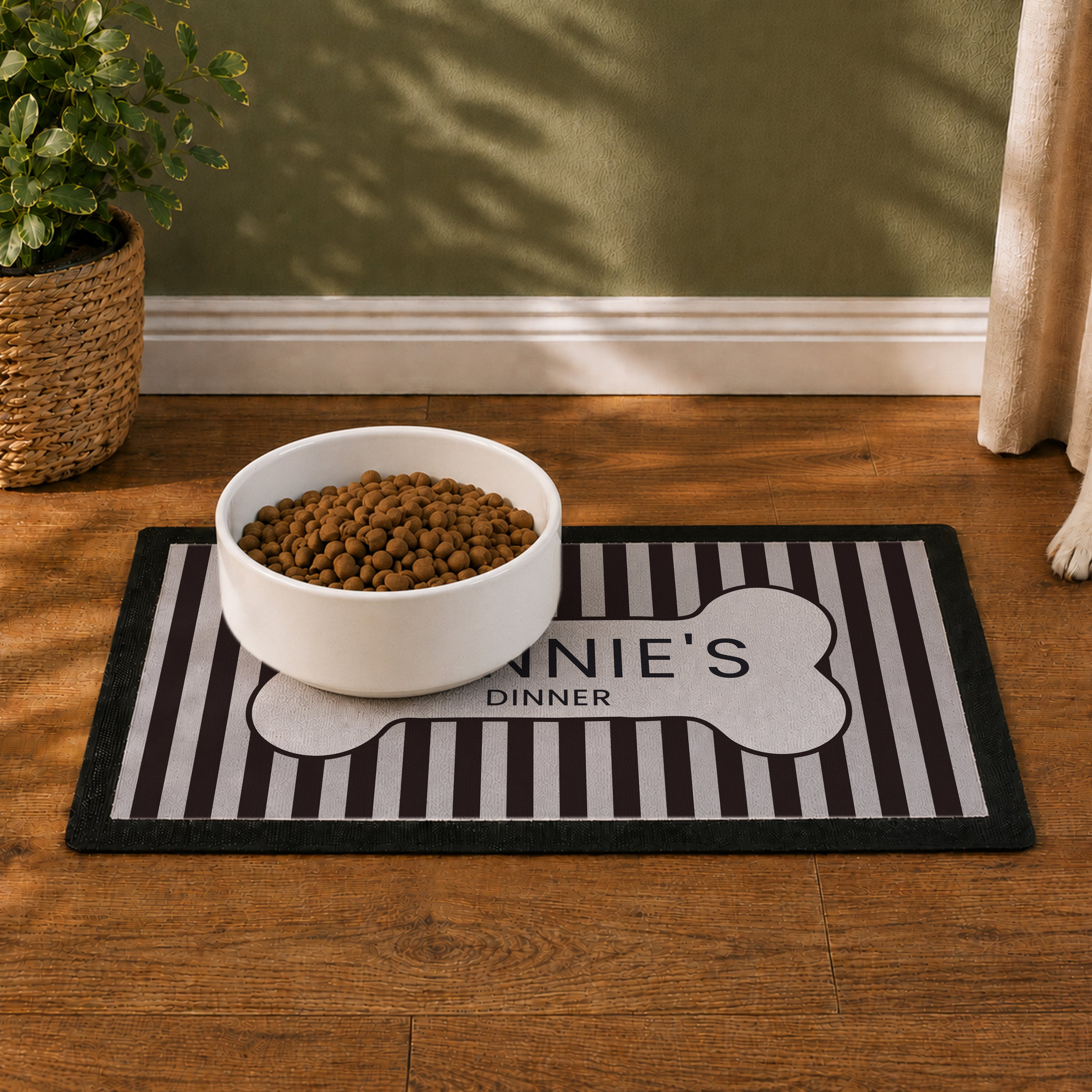 Personalised Black Stripe Pet Bowl Mat