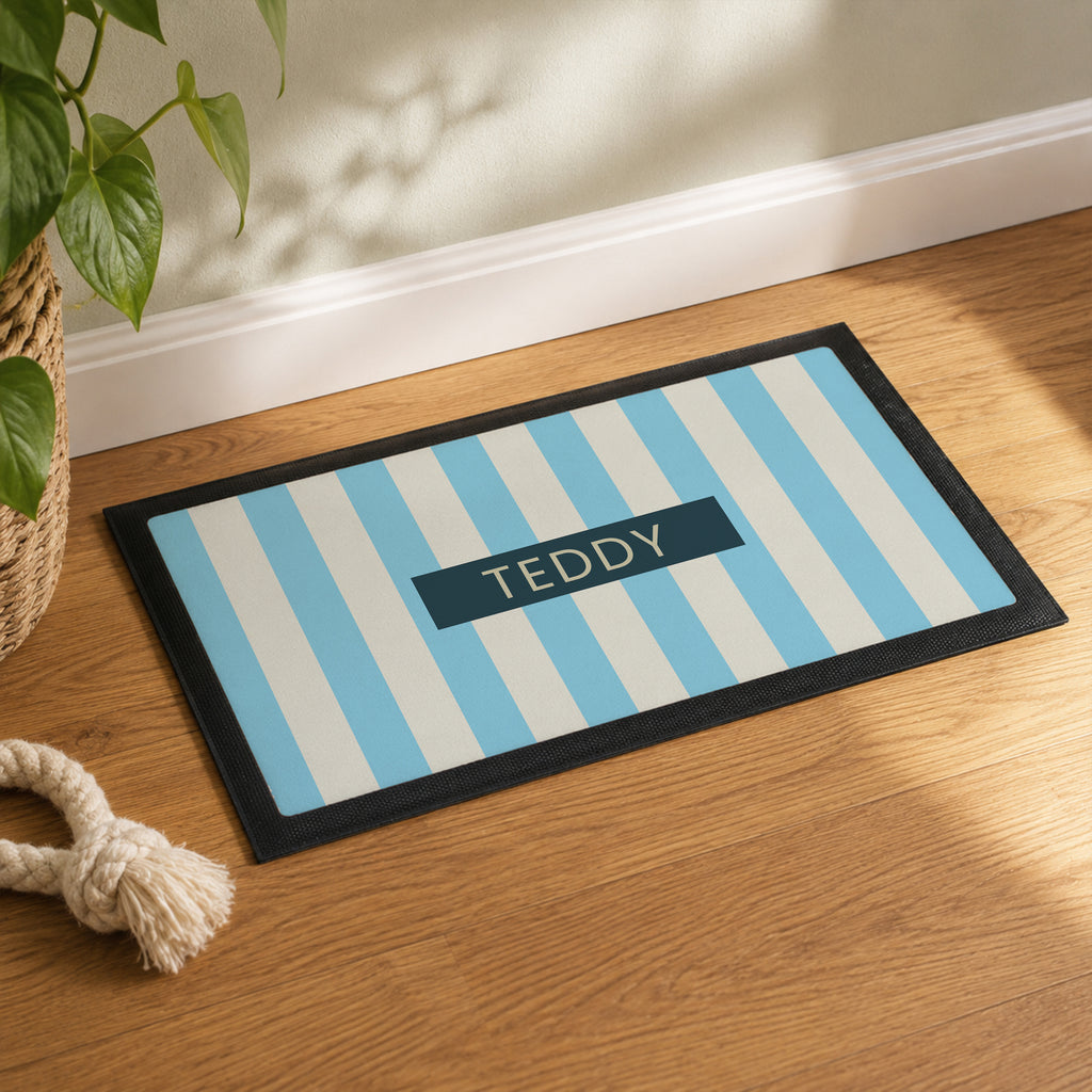 Personalised Blue Stripe Pet Bowl Mat