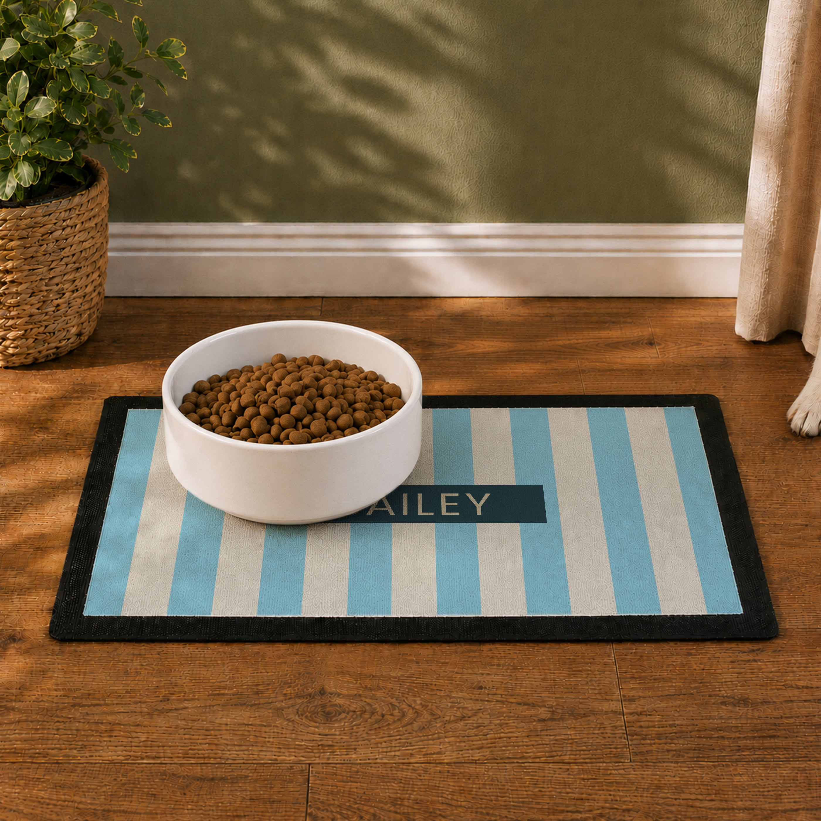Personalised Blue Stripe Pet Bowl Mat