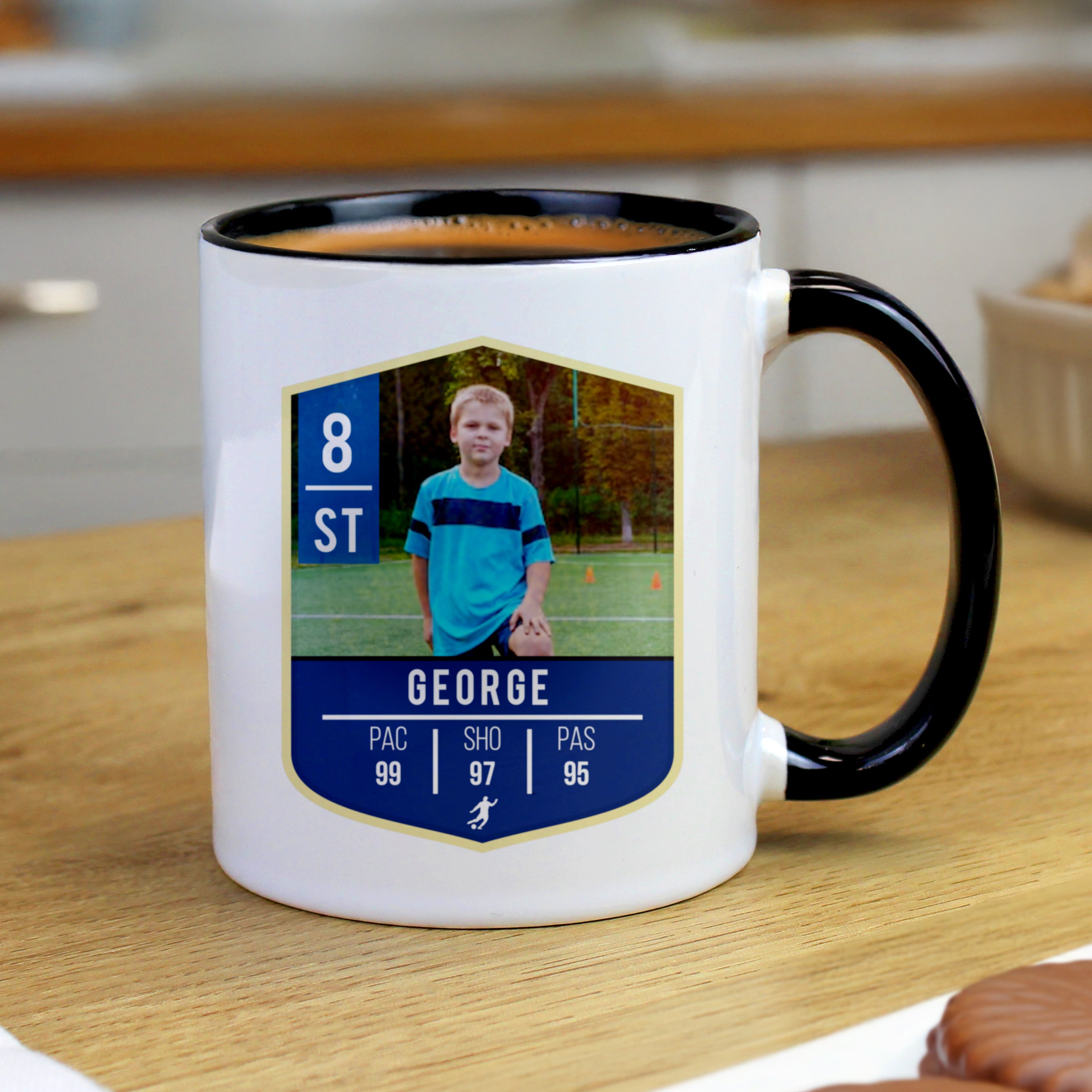 Personalised Photo Upload Football Black Handle Mug