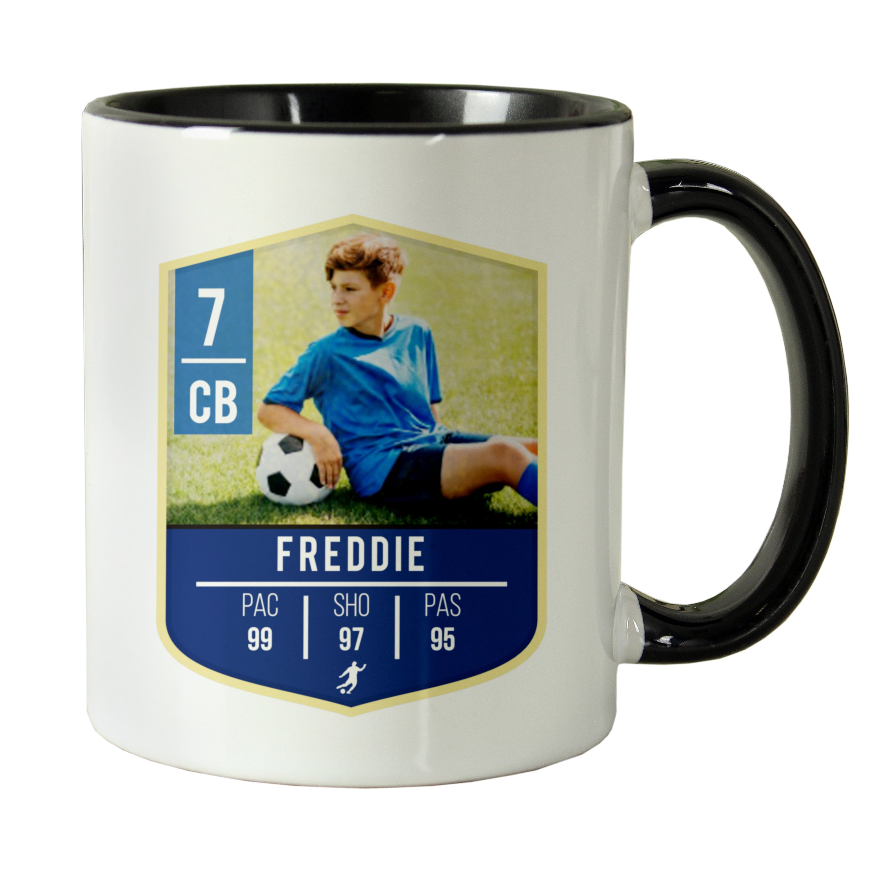 Personalised Photo Upload Football Black Handle Mug