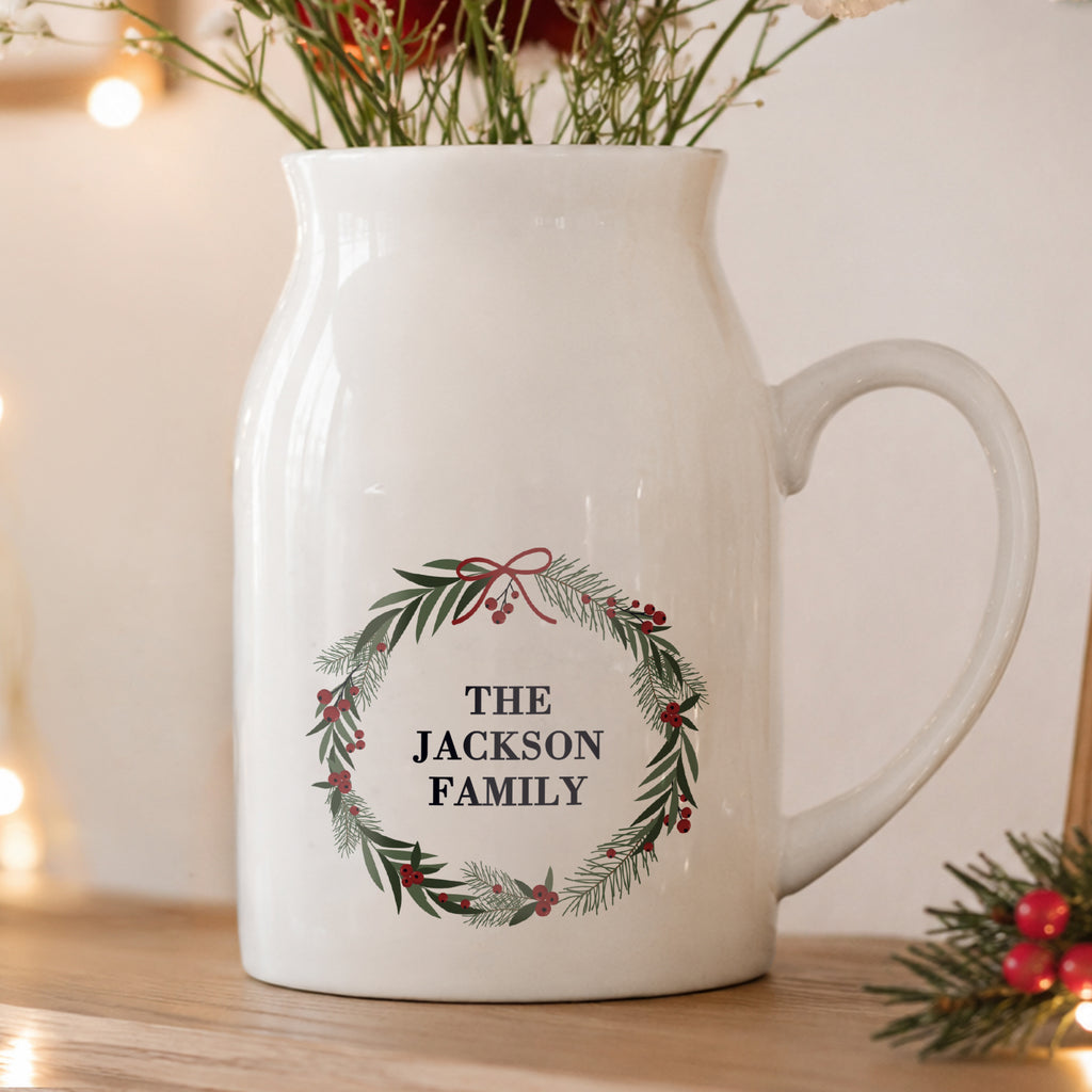 Personalised Green Christmas Wreath Ceramic Jug Vase
