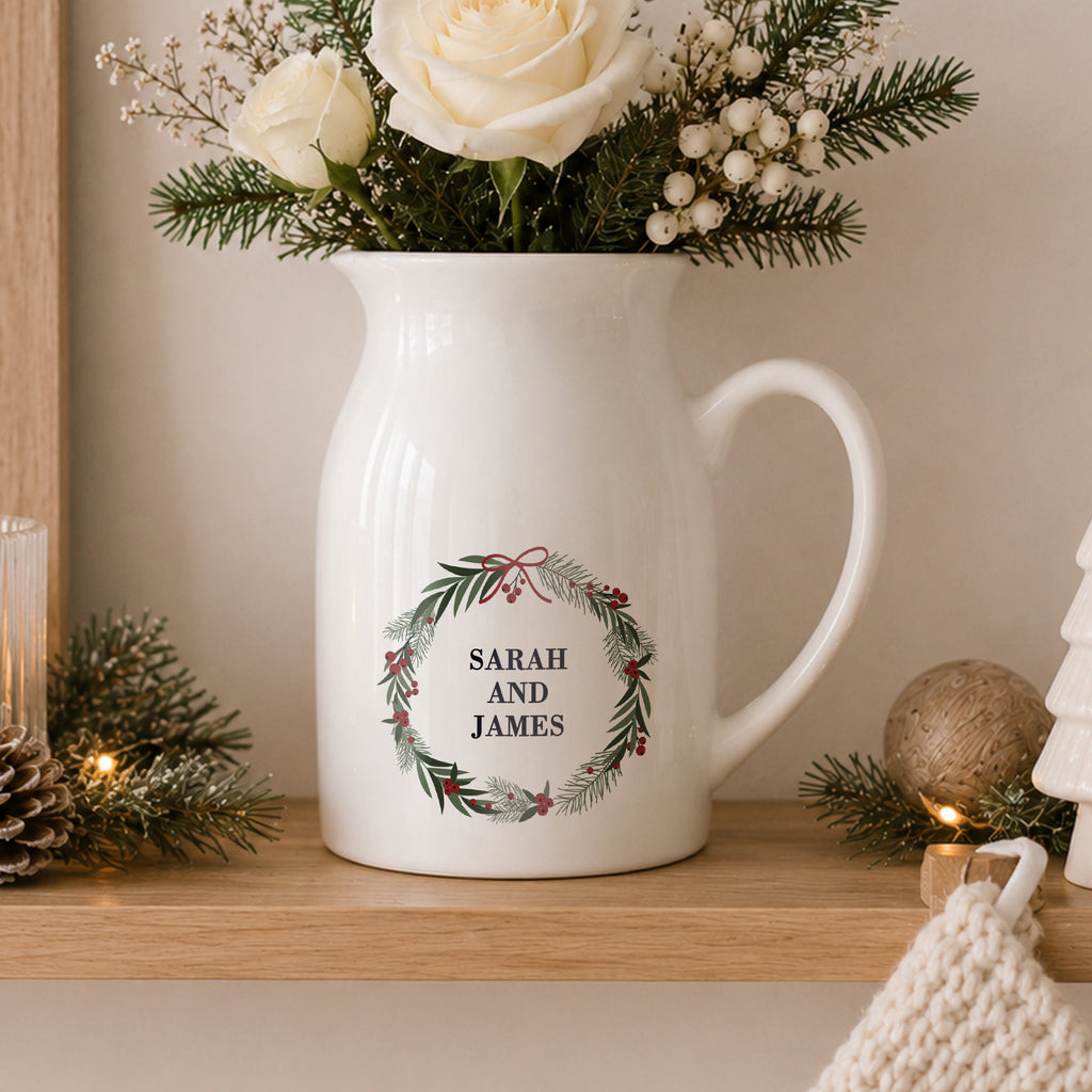 Personalised Green Christmas Wreath Ceramic Jug Vase