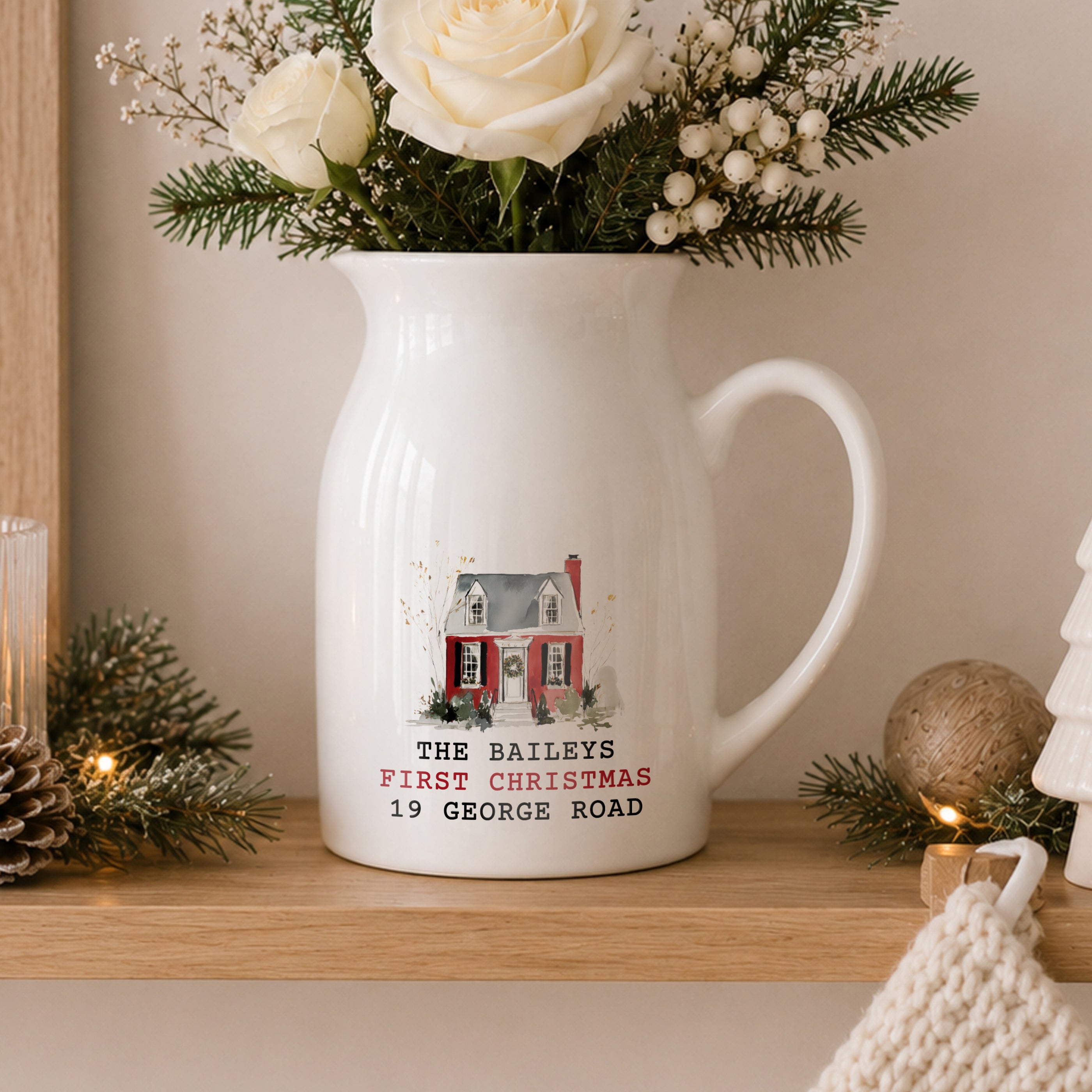 Personalised Water Colour Christmas House Ceramic Jug Vase