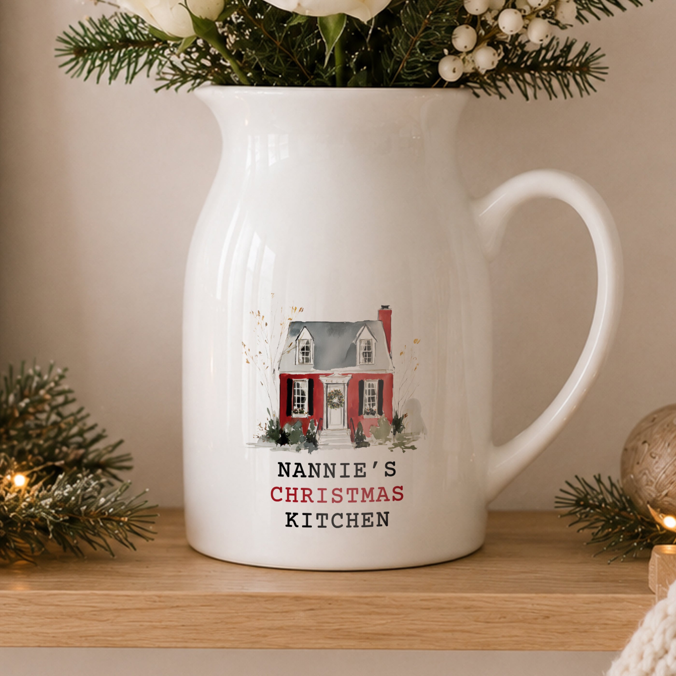 Personalised Water Colour Christmas House Ceramic Jug Vase